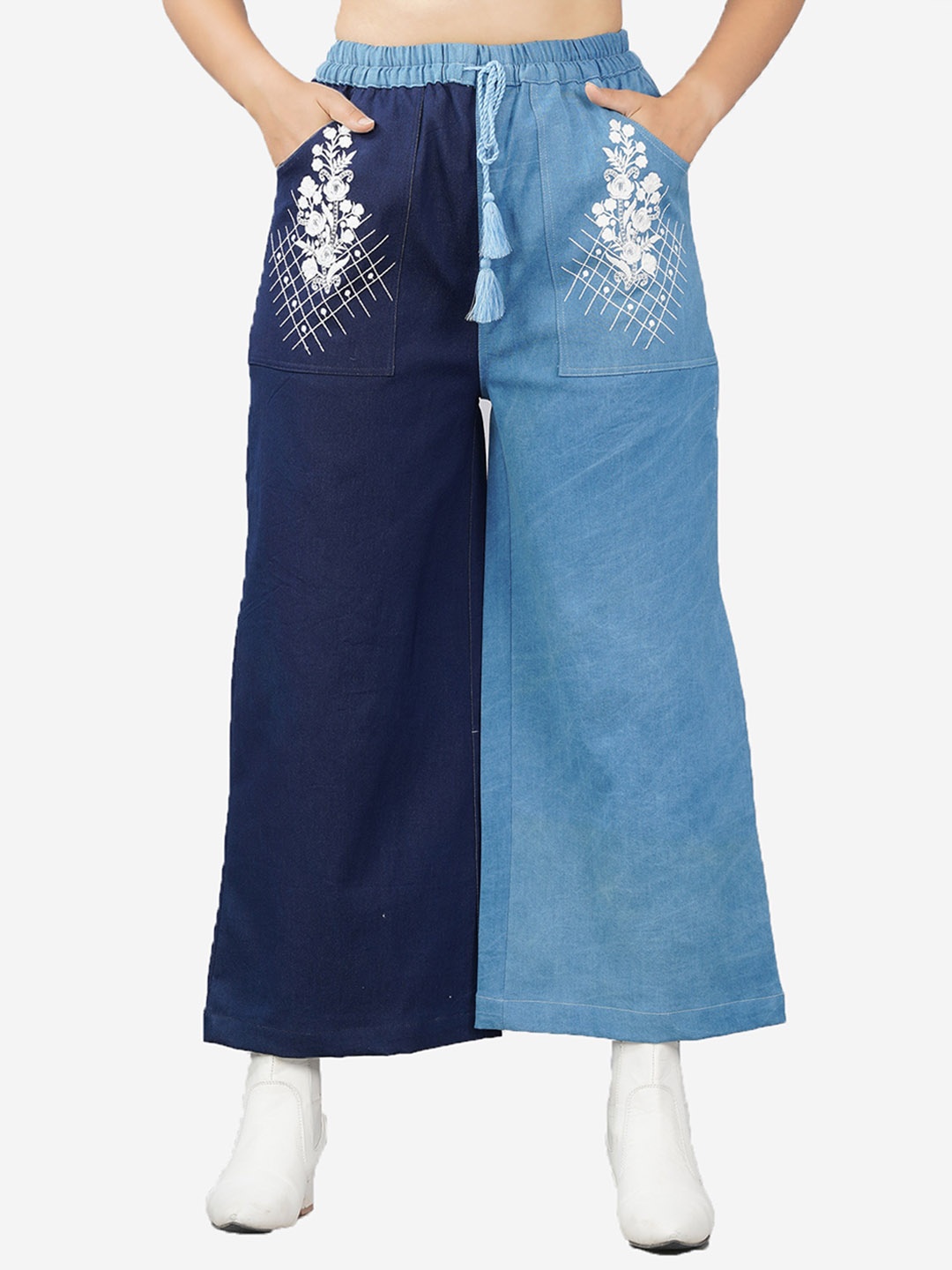 

SUMAVI-FASHION Women Floral Embroidered Flared Denim Culottes Trousers, Blue