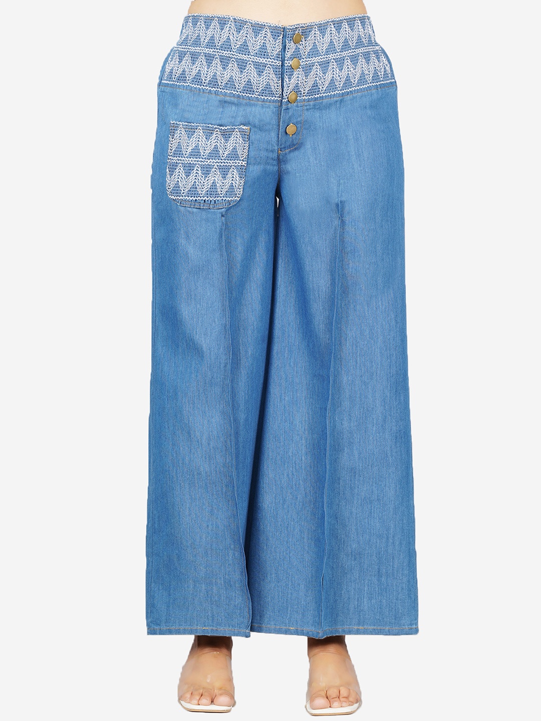 

SUMAVI-FASHION Women Geometric Printed Denim Flared Parallel Trousers, Blue