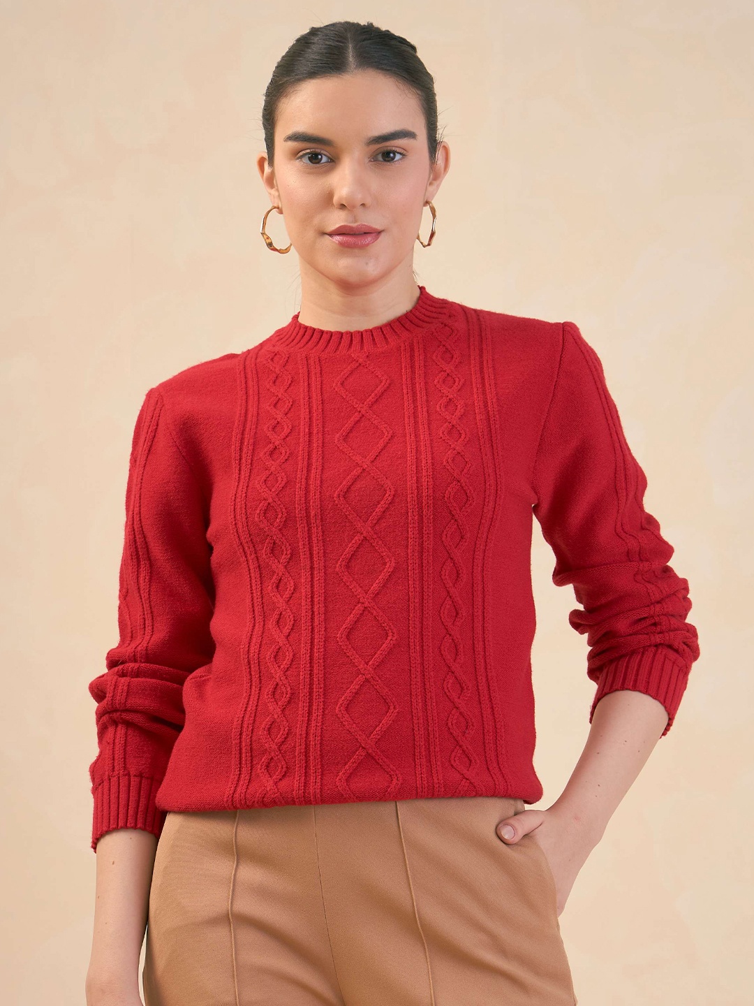 

SALT ATTIRE Self Design Cable Knit Long Sleeve Pullover Sweater, Red