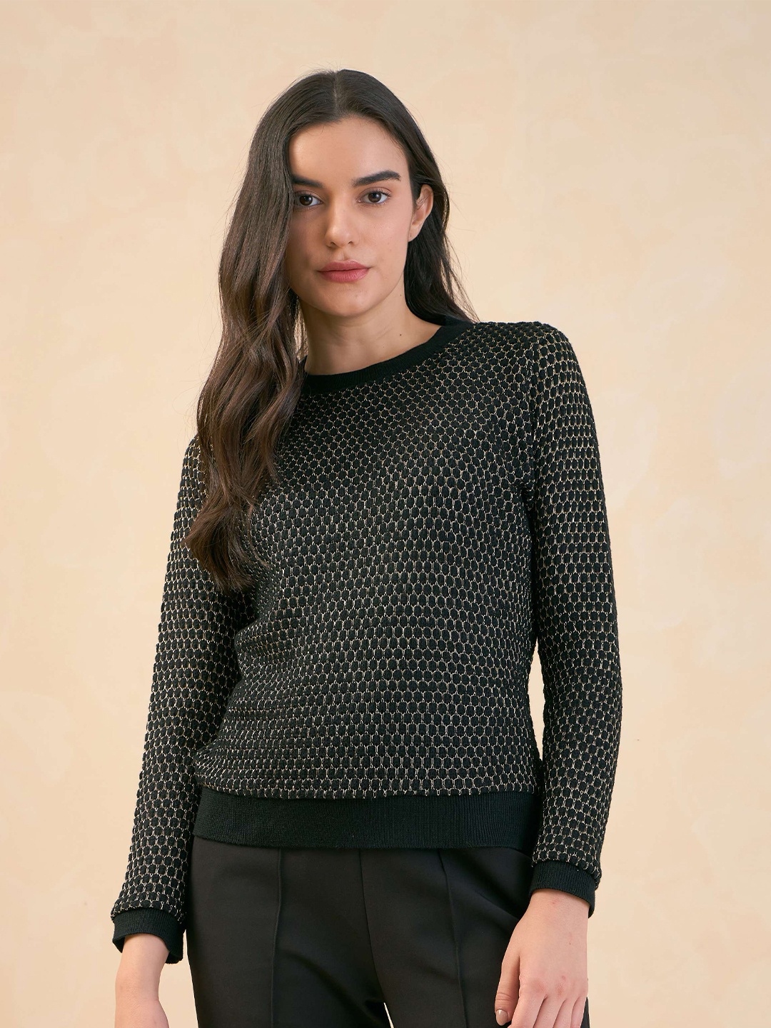 

SALT ATTIRE Self Design Long Sleeves Acrylic Pullover Sweater, Black