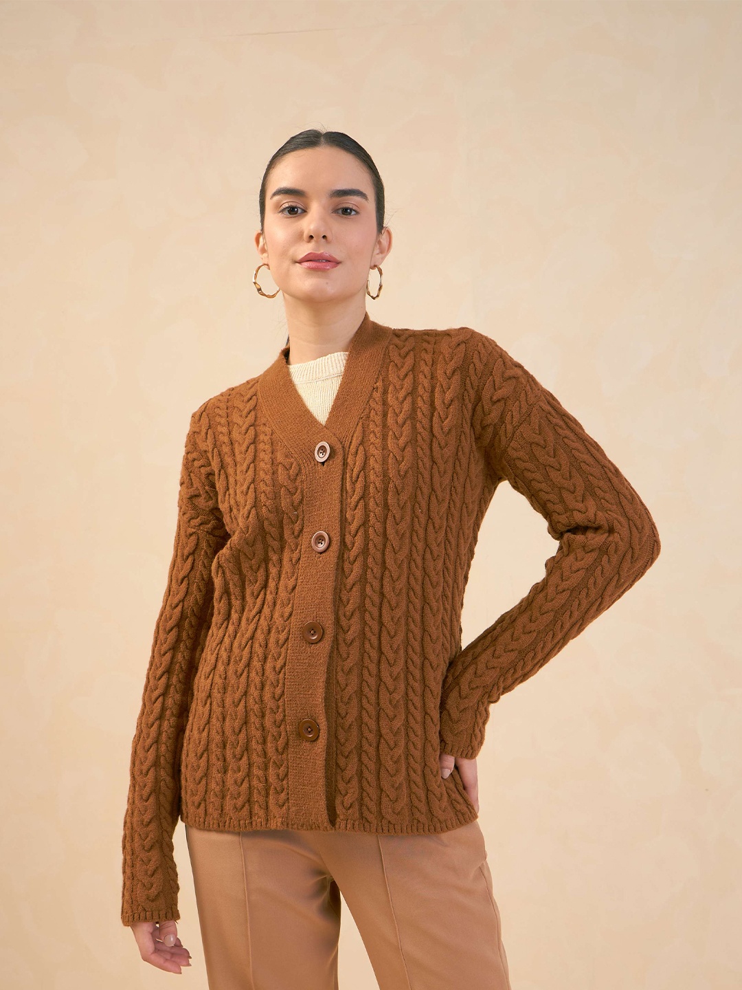 

SALT ATTIRE Self Design Cable Knit V-Neck Long Sleeve Cardigan Sweater, Tan