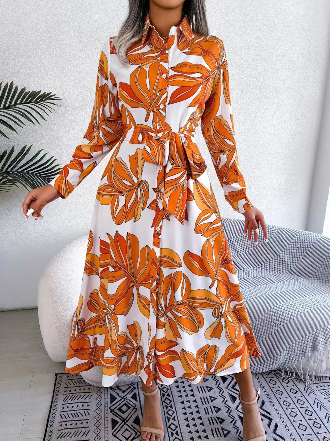 

StyleCast Orange & White Floral Printed Midi Belted Shirt Dress