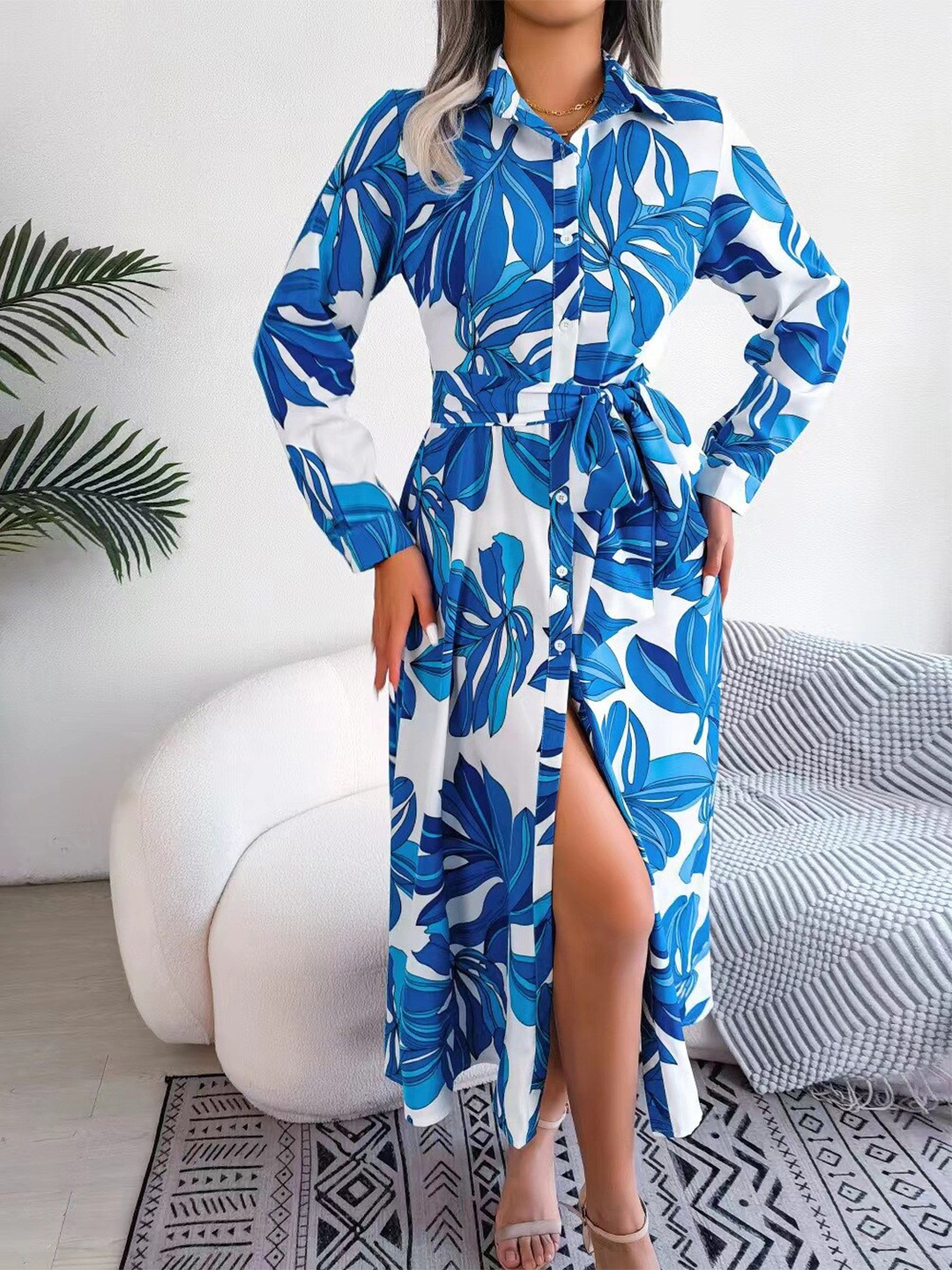 

StyleCast Blue & White Floral Printed Shirt Collar Maxi Dress