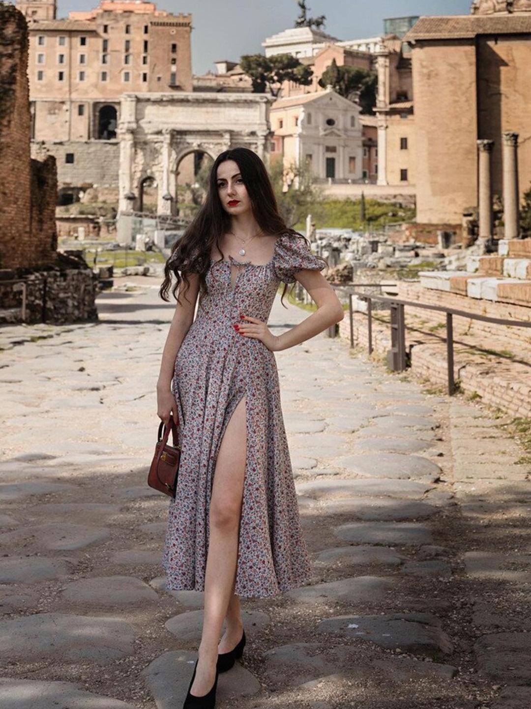 

StyleCast Grey Floral Printed Puff Sleeves Fit & Flare Midi Dress