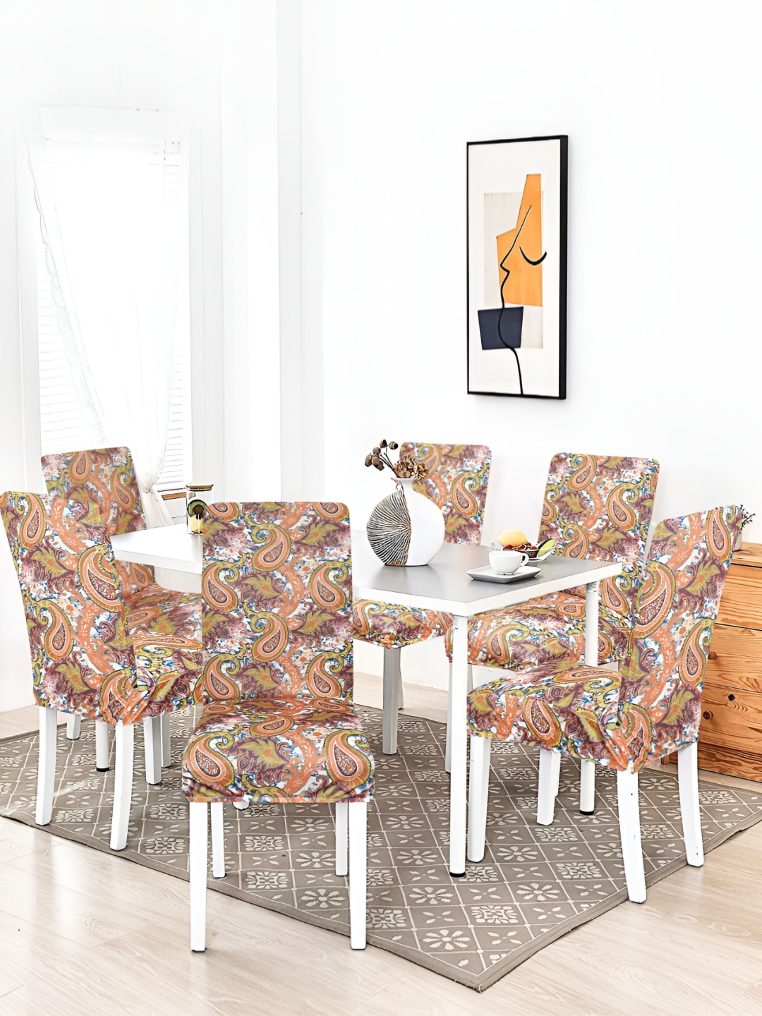 

hargunz White & Orange-Coloured 6 Pieces Floral Printed Chair Covers