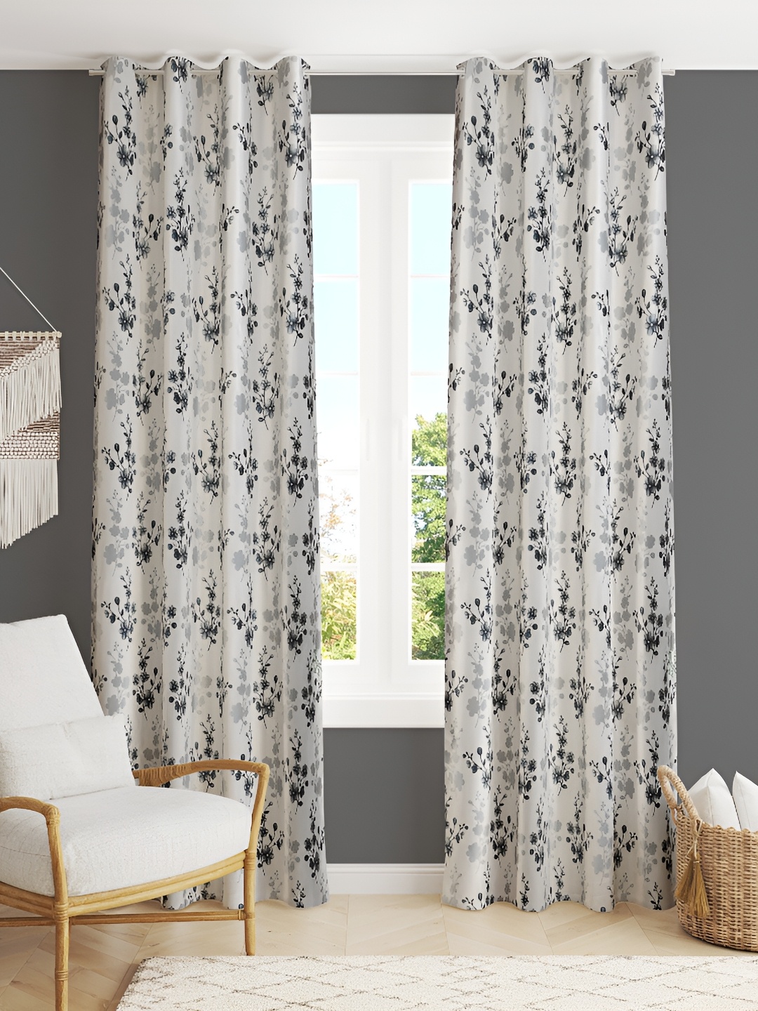 

luchom Grey & White 2 Pieces Floral Room Darkening Window Curtains