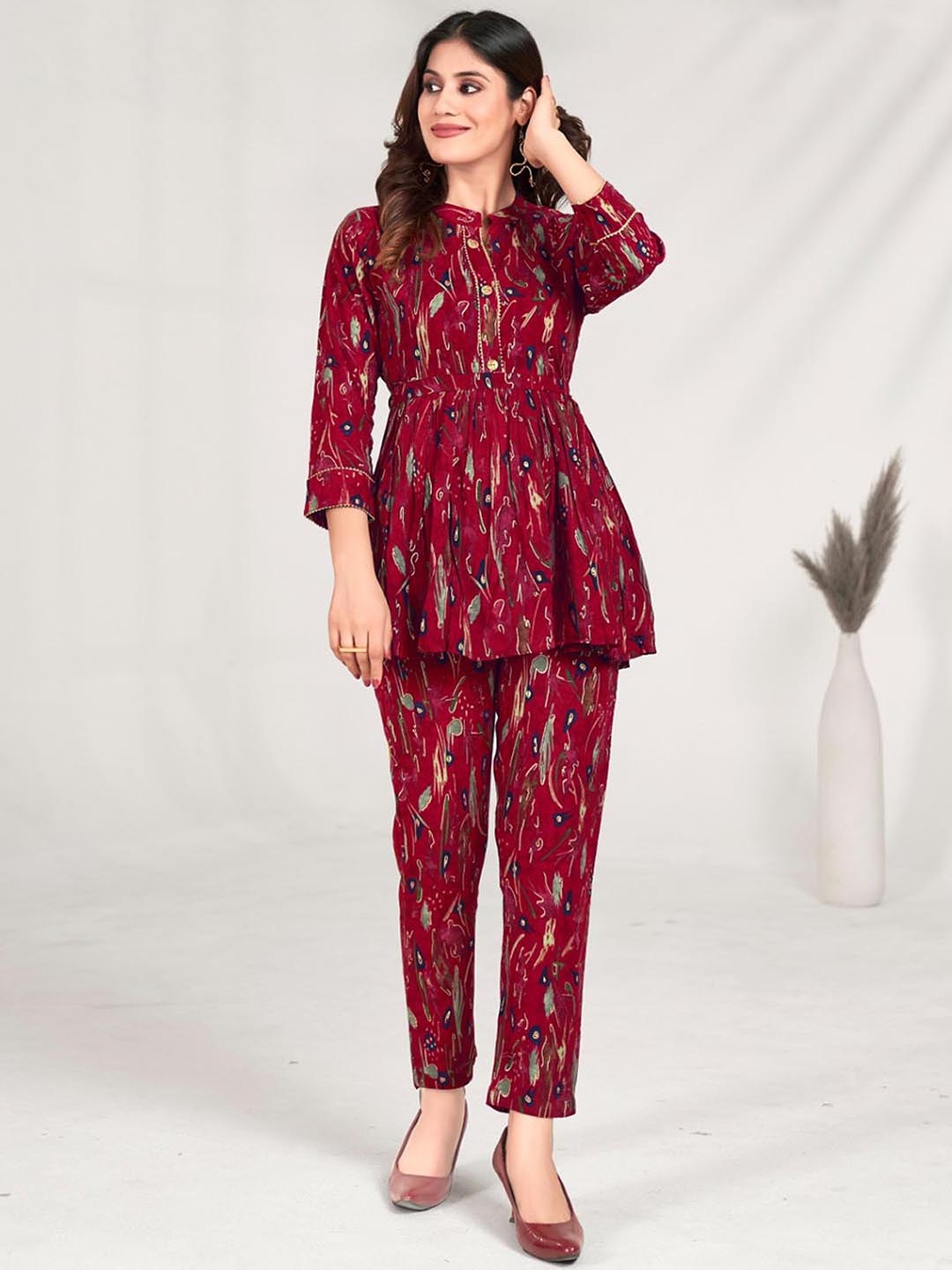 

KALINI Printed Mandarin Collar Co-Ords, Burgundy