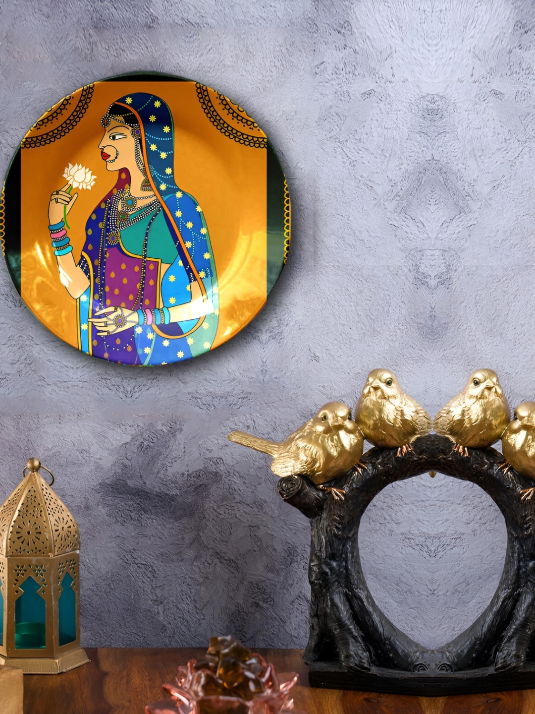 

JIKRAA Green & Blue Painted Ceramic Wall Plate Decor, Gold