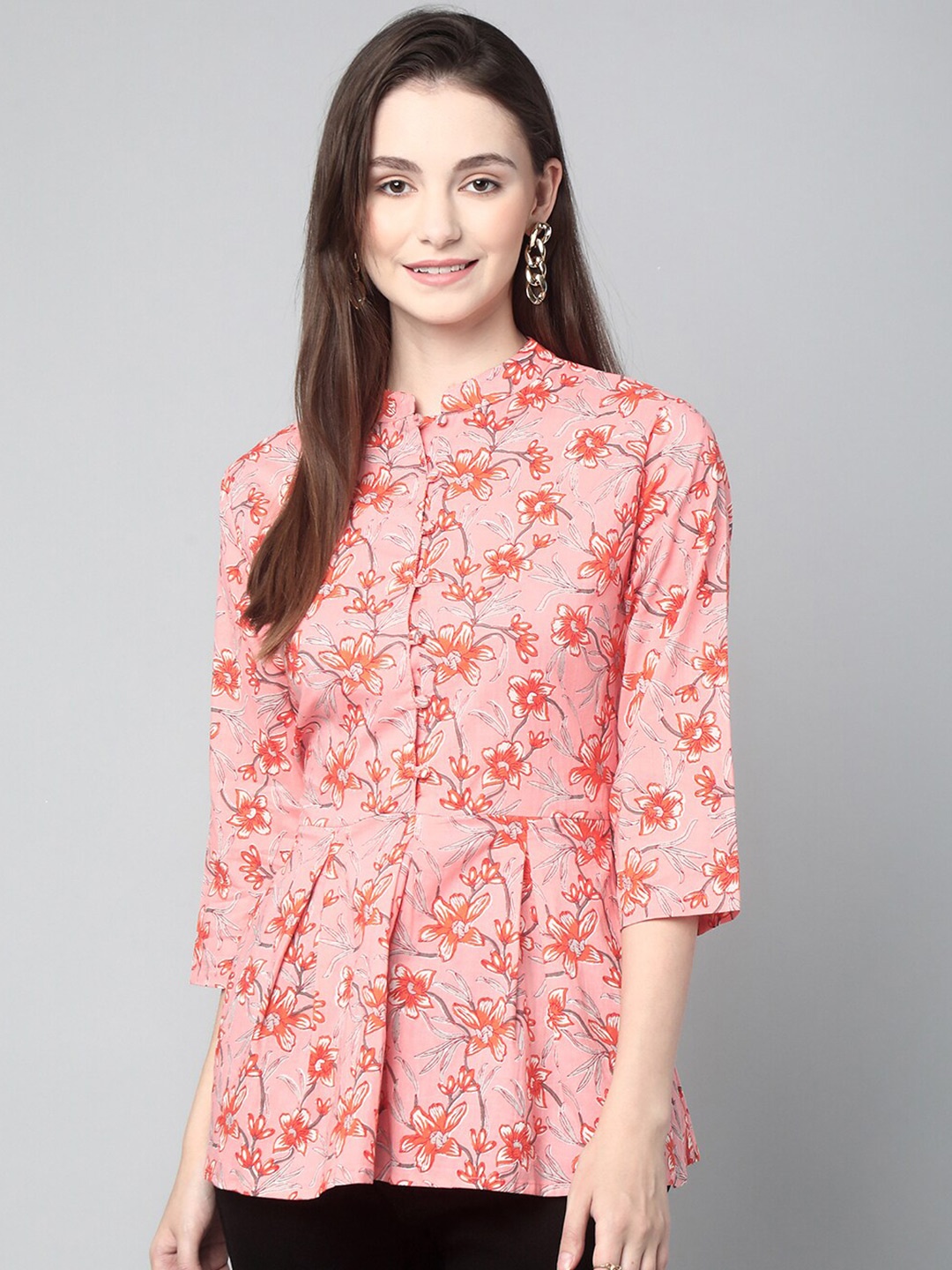 

KALINI Floral Printed Mandarin Collar Cotton Peplum Top, Pink