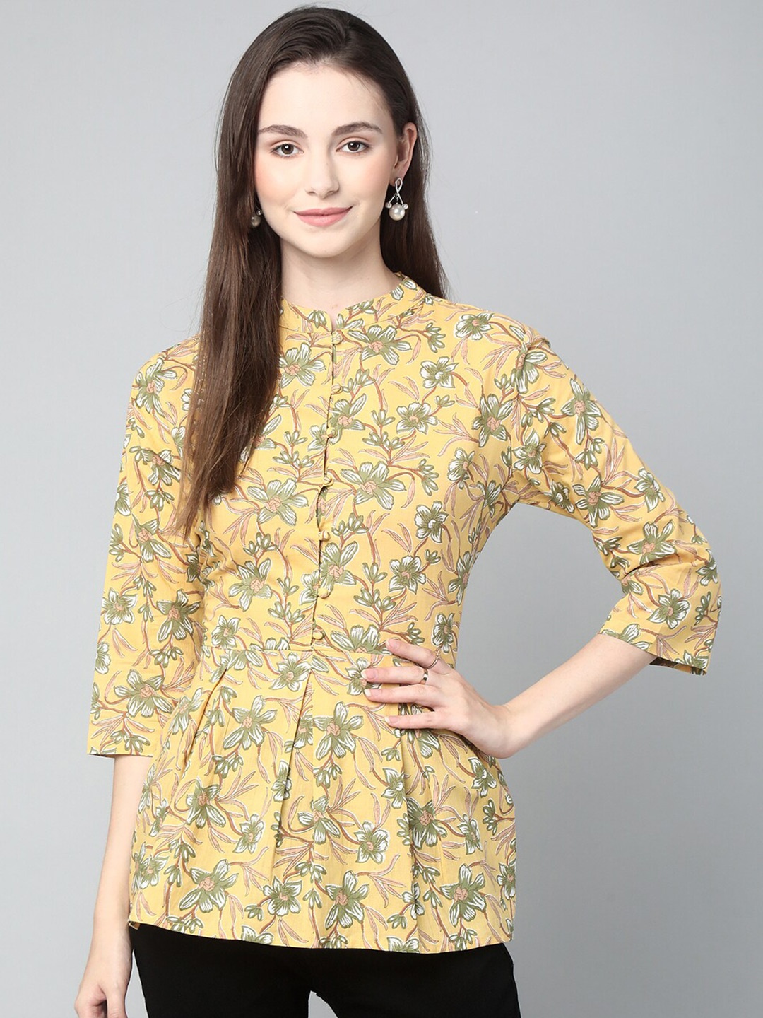

KALINI Floral Printed Mandarin Collar Cotton Peplum Top, Yellow