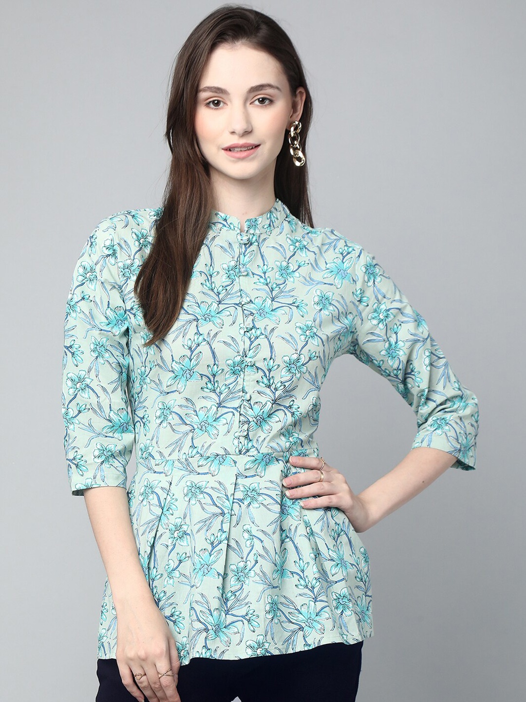 

KALINI Blue Floral Print Mandarin Collar Cotton Peplum Top