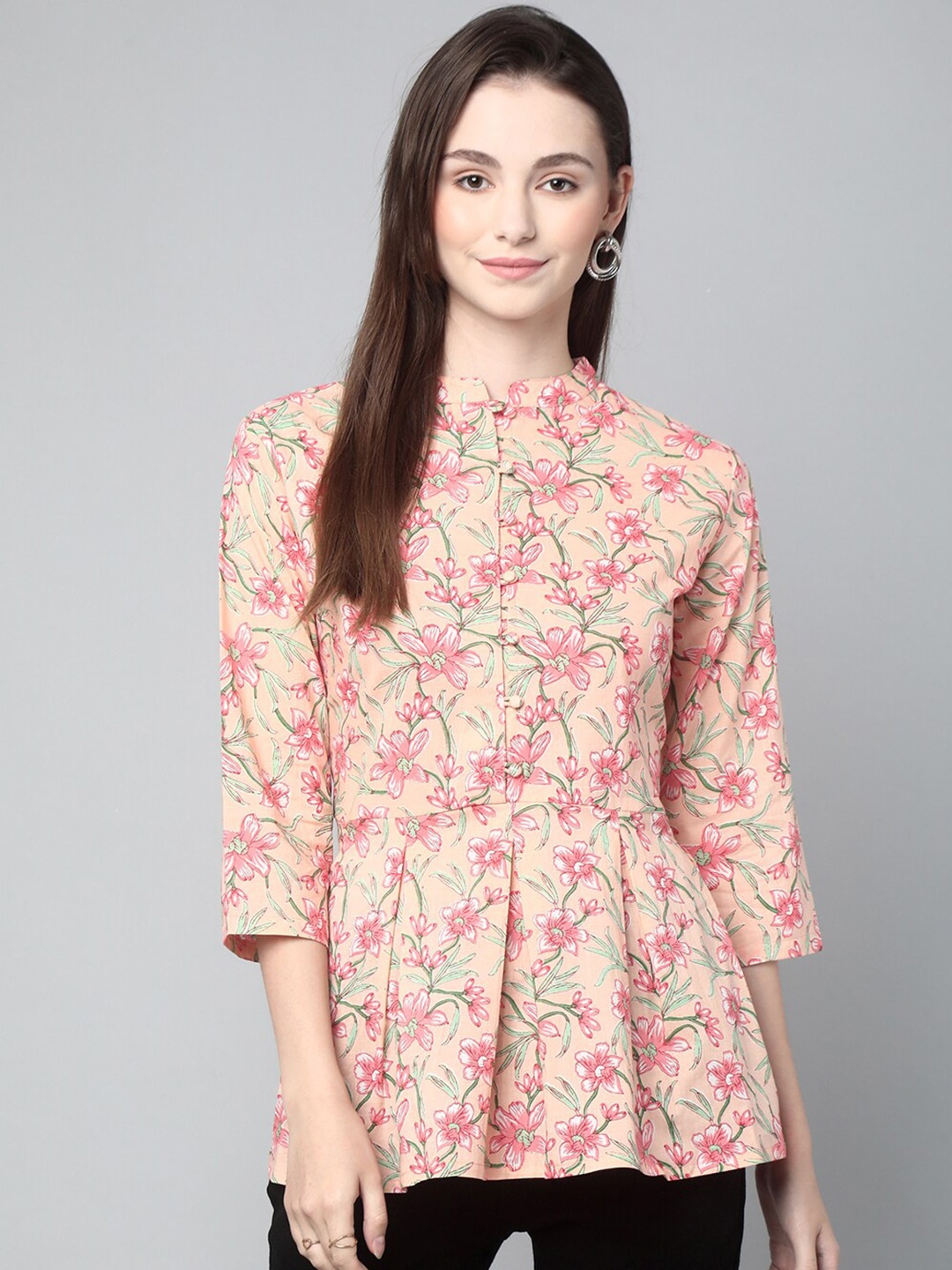 

KALINI Floral Printed Mandarin Collar Cotton Peplum Top, Orange