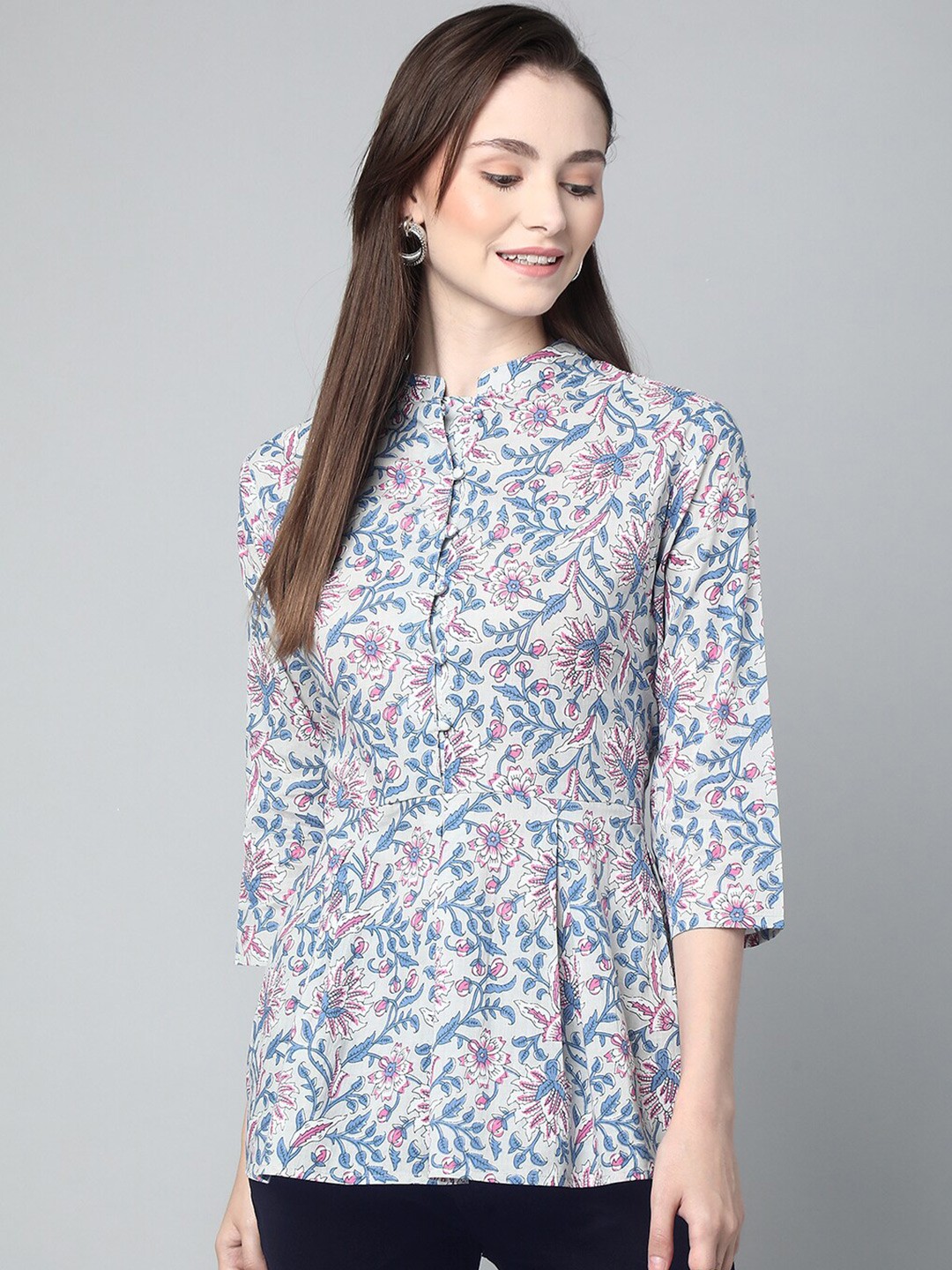 

KALIN Floral Printed Mandarin Collar Cotton Peplum Top, Grey