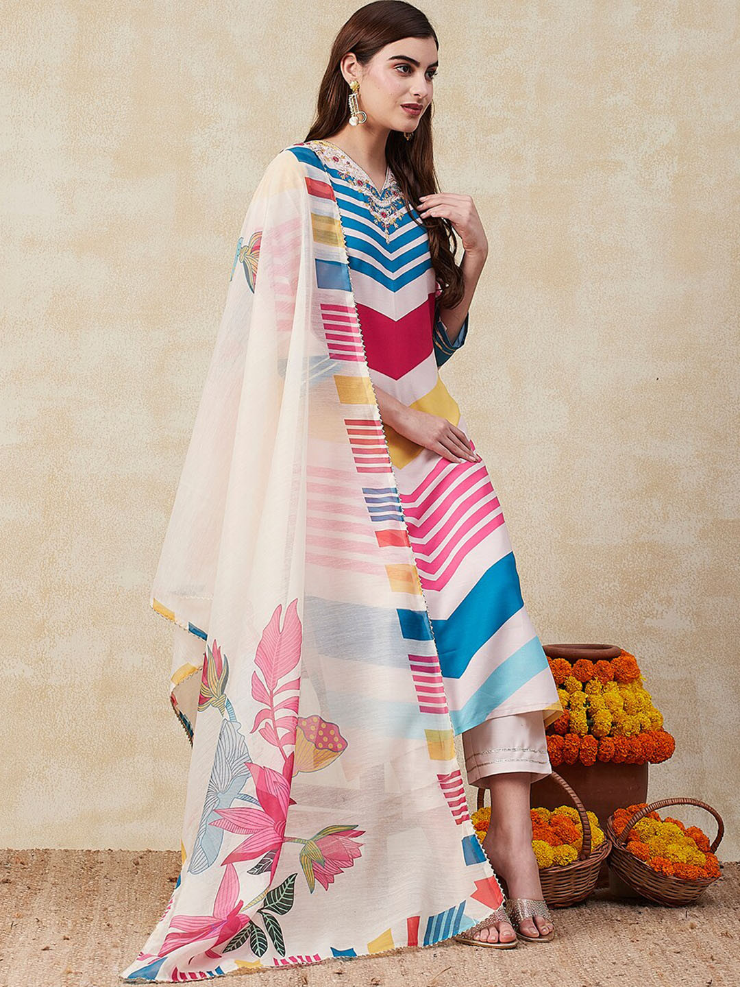 

KALINI Geometric Printed V-Neck Thread Work Kurta & Trousers With Dupatta, Pink