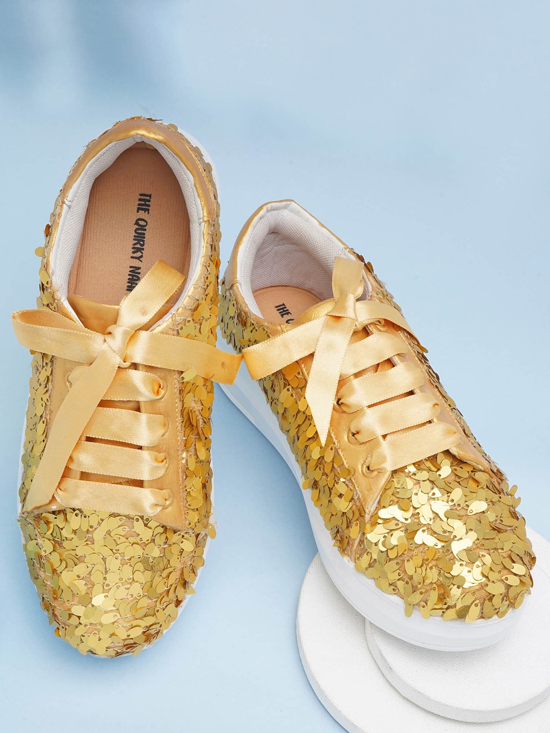 

THE QUIRKY NAARI Women Golden Hour Sequin Memory Foam Insole Flatforms Sneakers, Gold