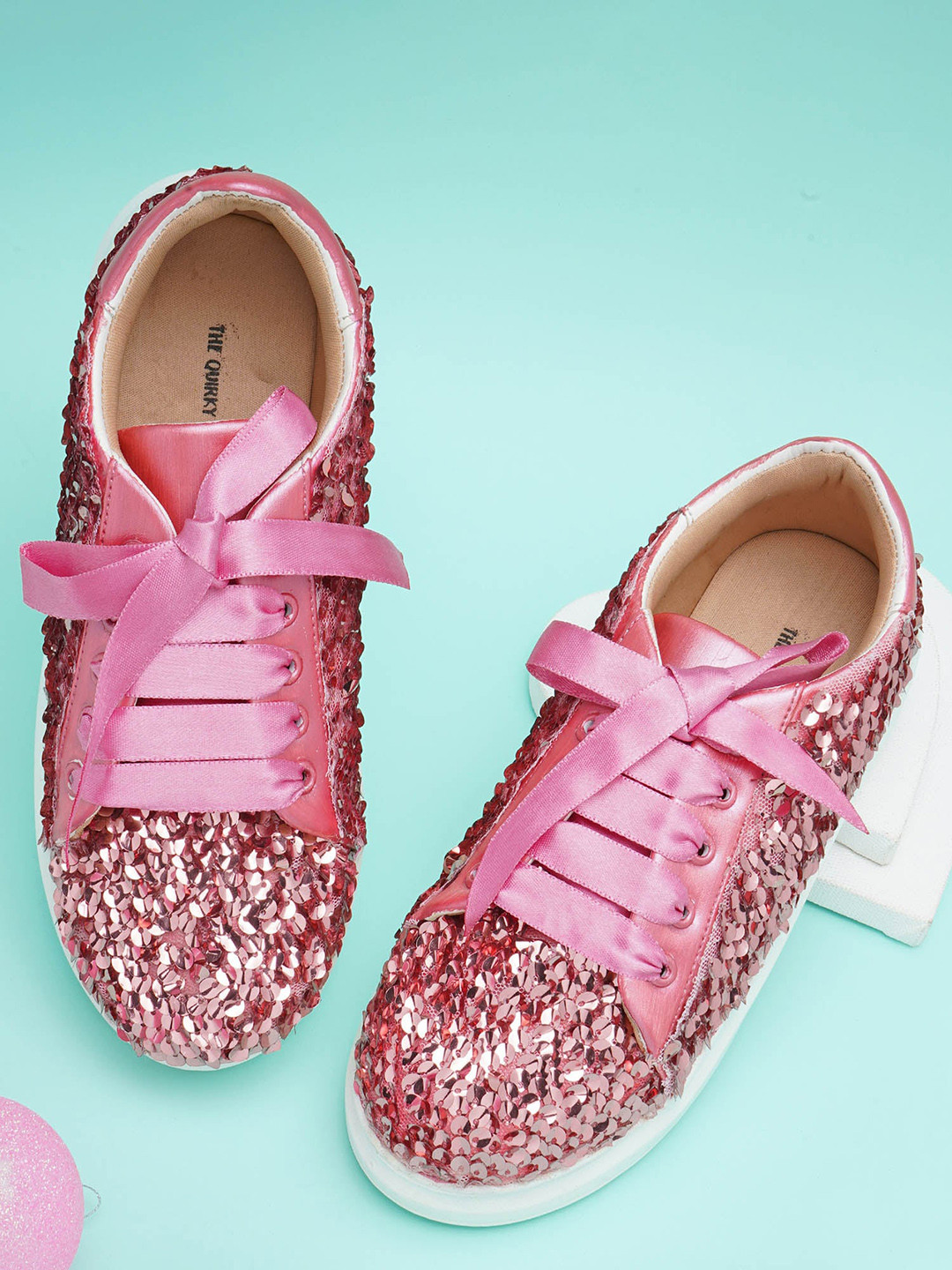 

THE QUIRKY NAARI Women Sequinned Embellished Lace-Up Sneakers, Pink