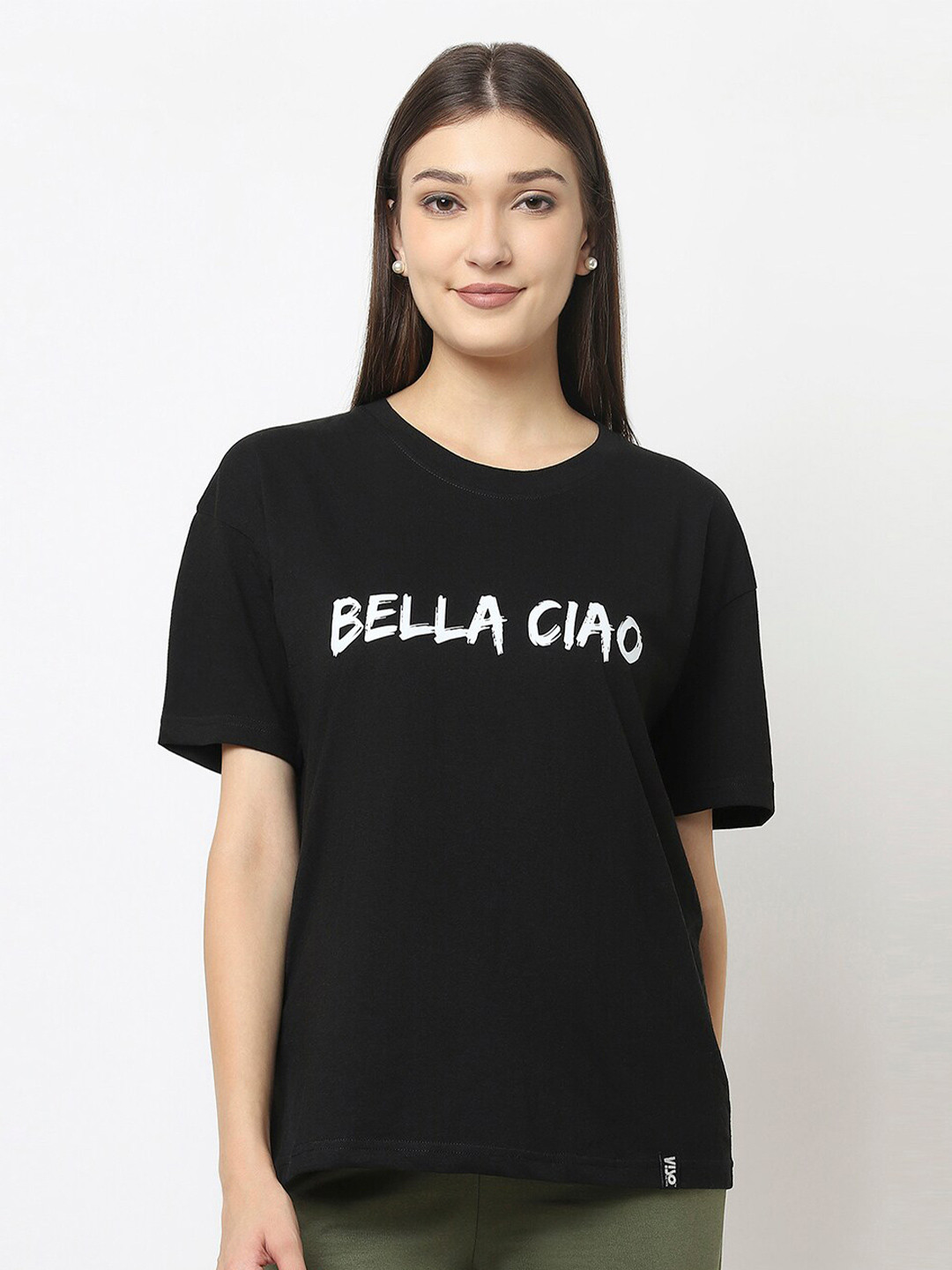 

VISO Typography Printed Drop-Shoulder Sleeves Oversized Cotton T-shirt, Black