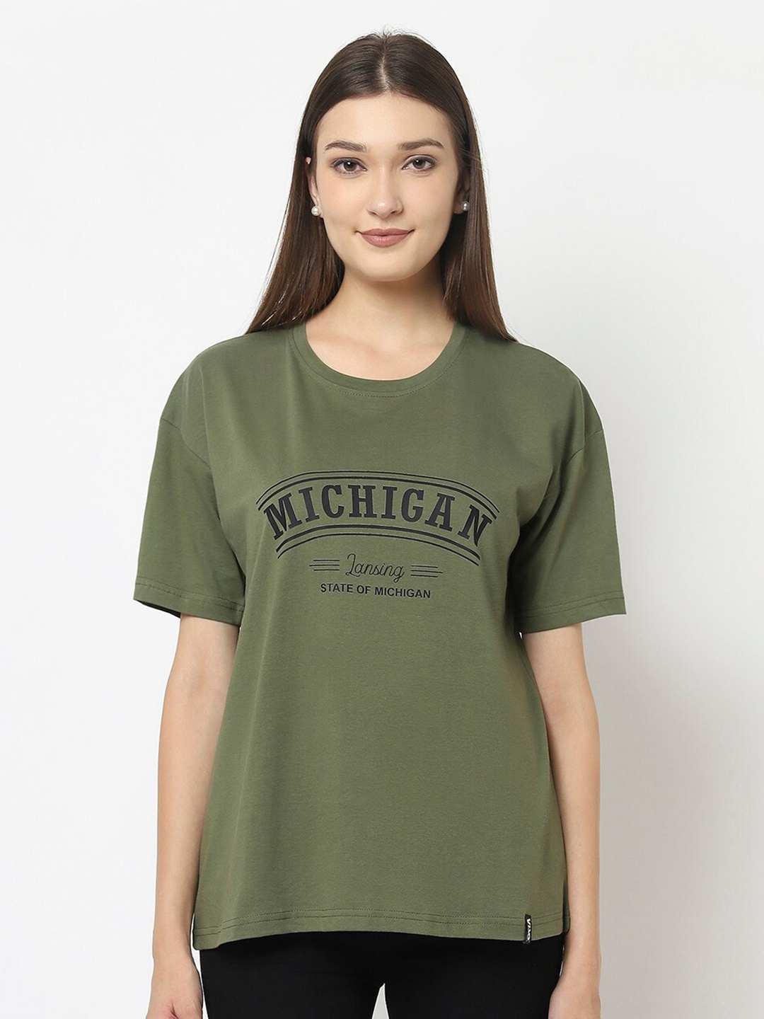 

VISO Typography Printed Drop Shoulder Sleeves Oversized Cotton T-shirt, Olive