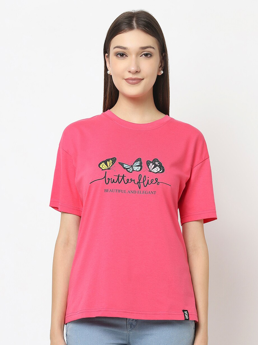 

VISO Typography Printed Drop Shoulder Sleeves Oversized Cotton T-shirt, Pink