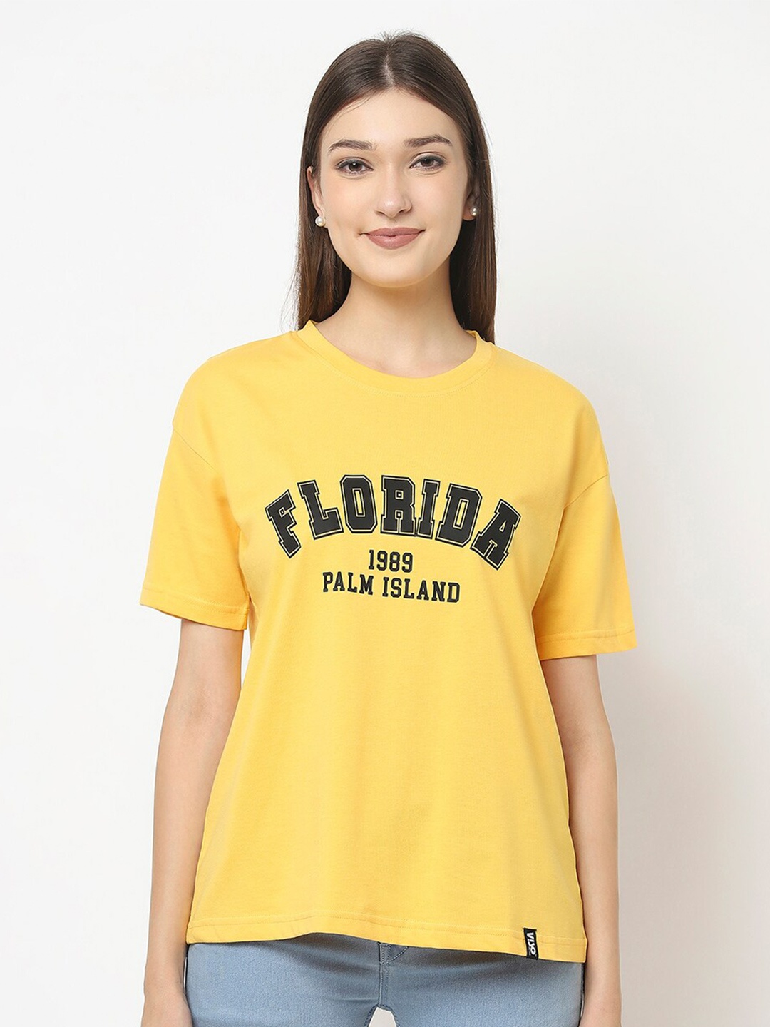 

VISO Typography Printed Drop-Shoulder Sleeves Oversized Cotton T-shirt, Yellow