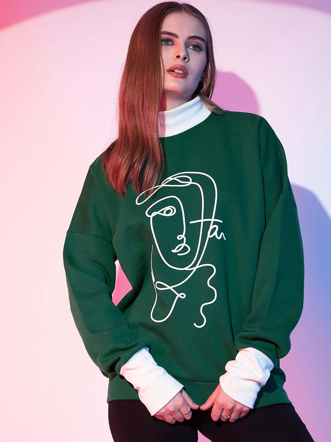 

STREET 9 Green & White Graphic Printed Fleece Pullover Sweatshirt