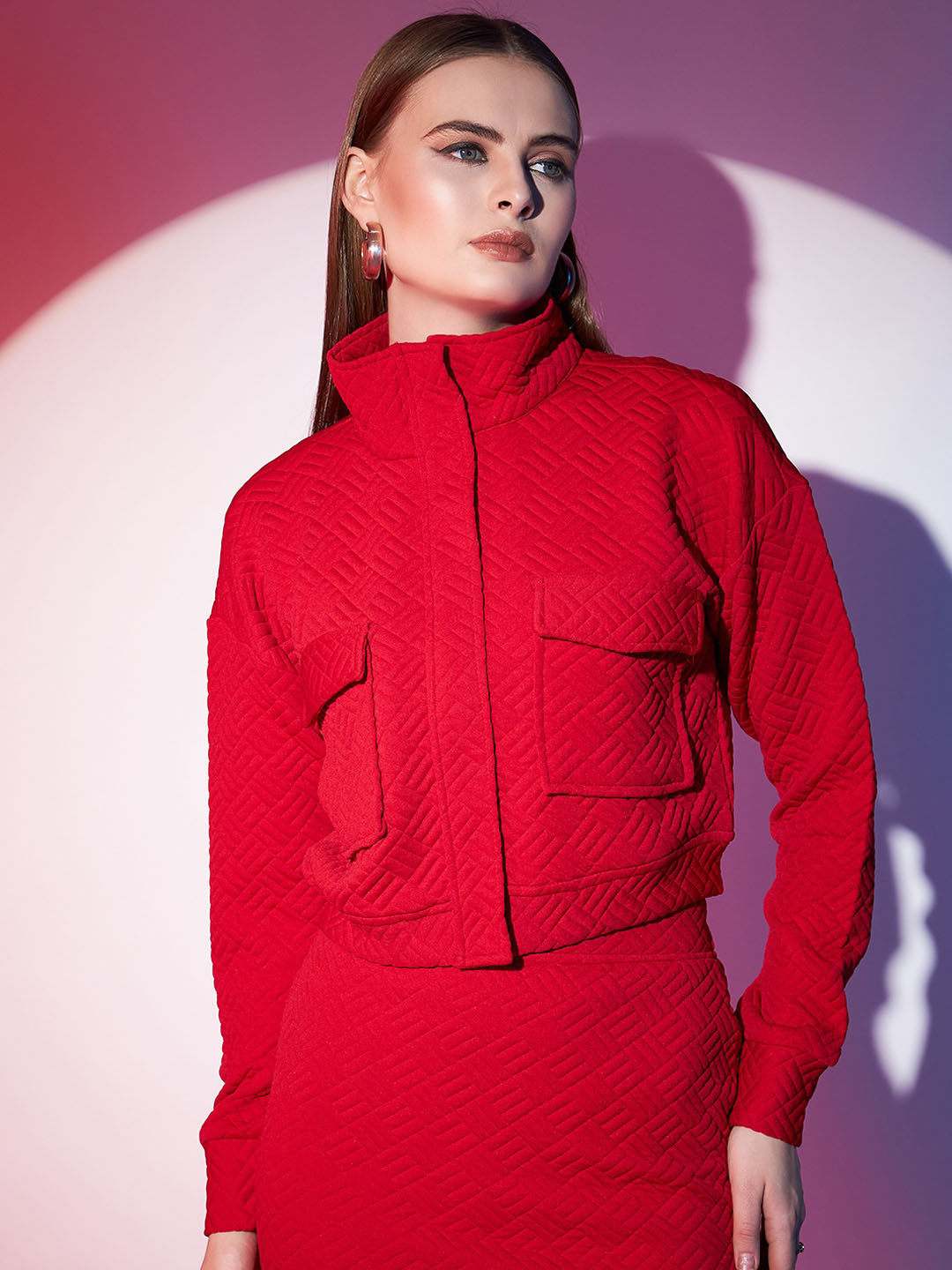 

STREET 9 Mock Collar Crop Quilted Jacket, Red