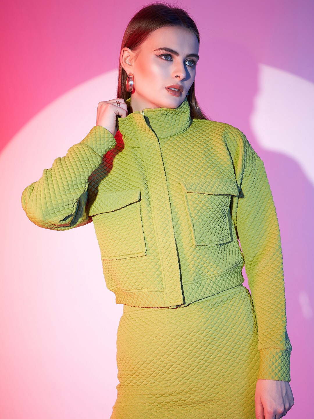 

STREET 9 Green Self Design Crop Bomber Jacket