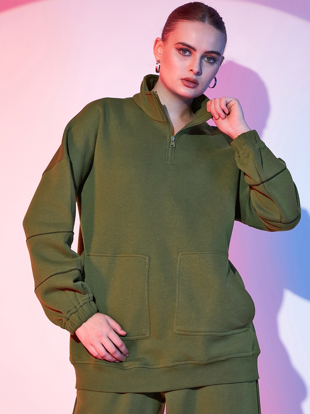 

STREET 9 Olive Green Mock Collar Fleece Sweatshirt