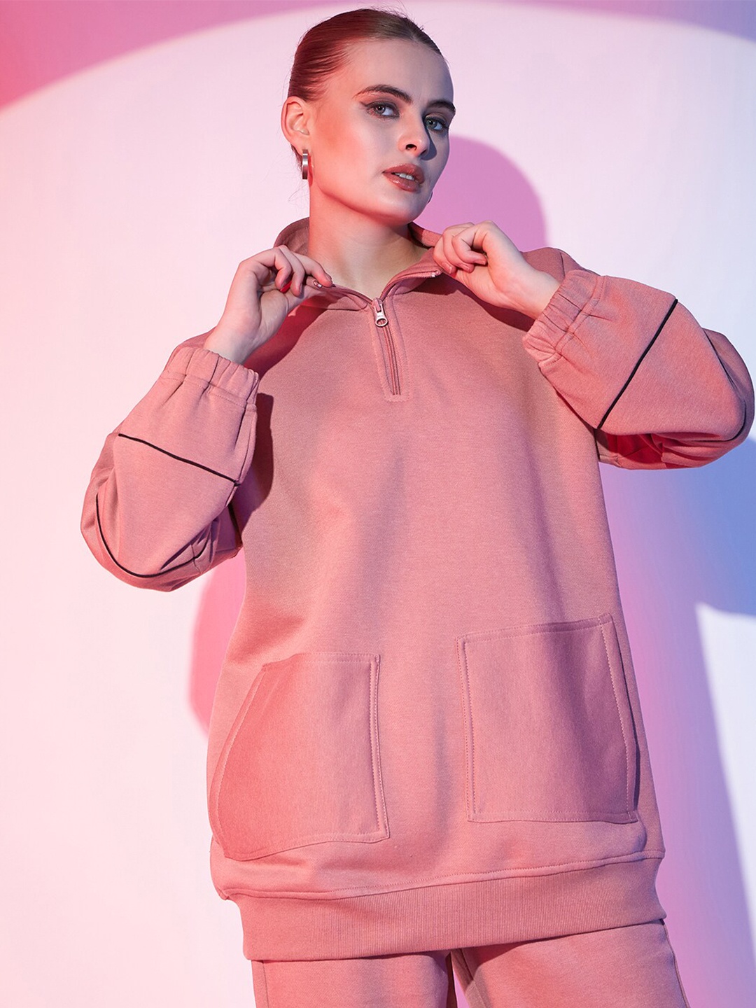 

STREET 9 High Neck Half Zipper Fleece Pullover Sweatshirt, Pink