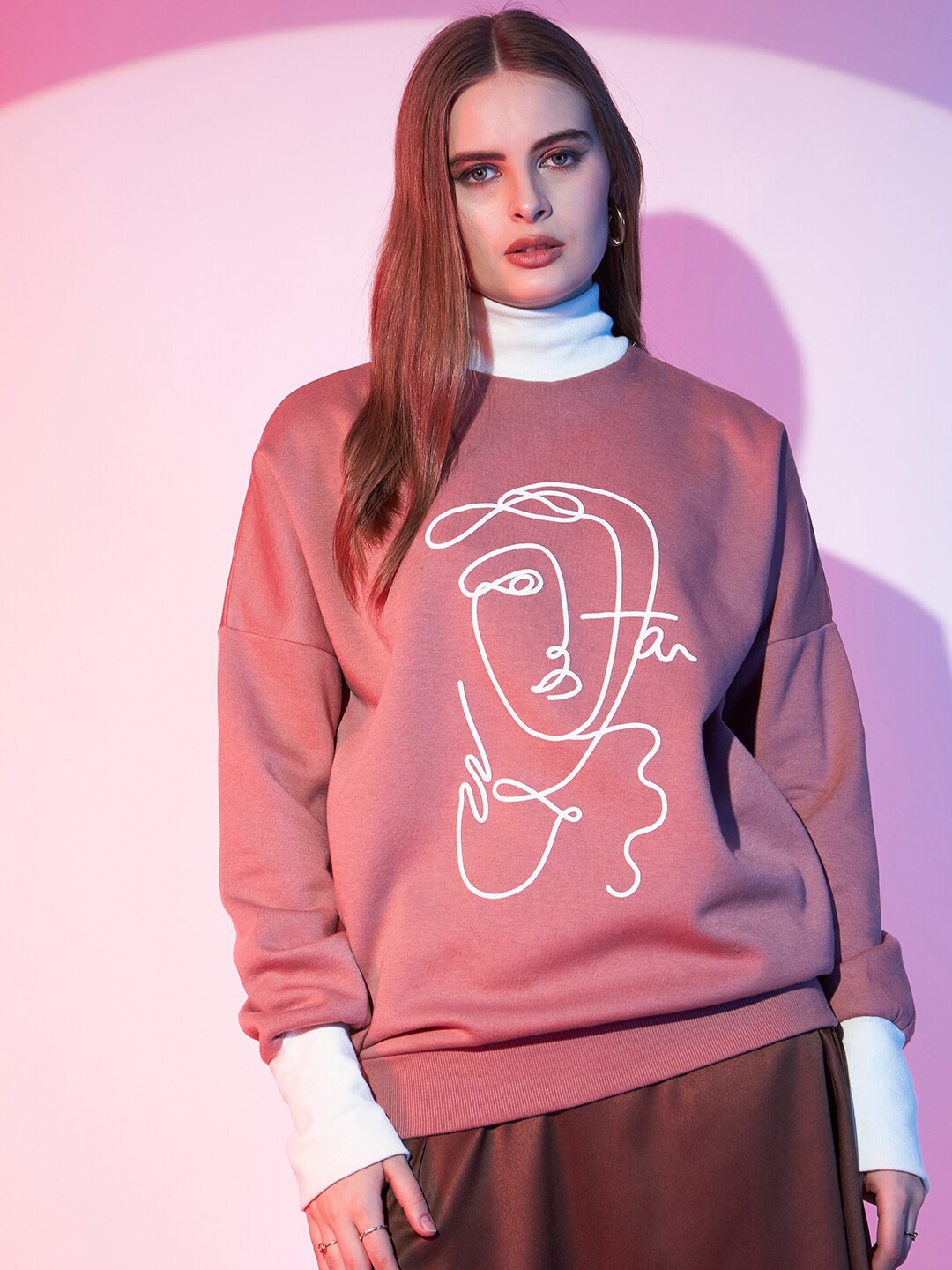 

STREET 9 Graphic Printed Turtle Neck Fleece Pullover Sweatshirt, Pink