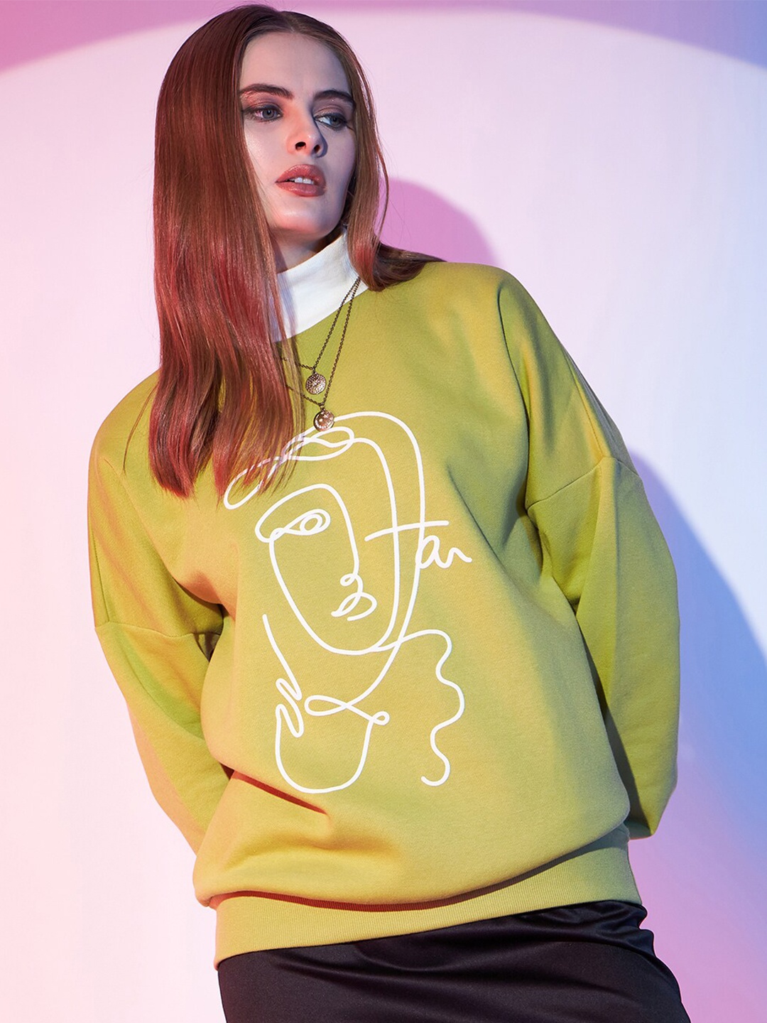 

STREET 9 Graphic Printed Turtle Neck Fleece Pullover Sweatshirt, Yellow