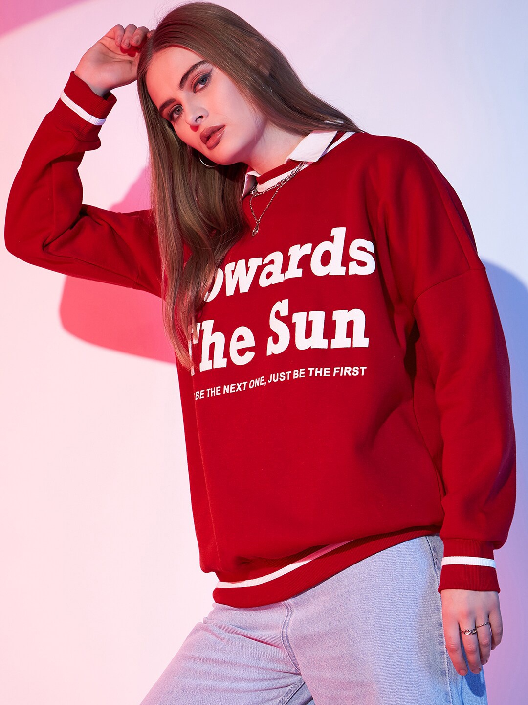 

STREET 9 Typography Printed Shirt Collar Fleece Pullover Sweatshirt, Red