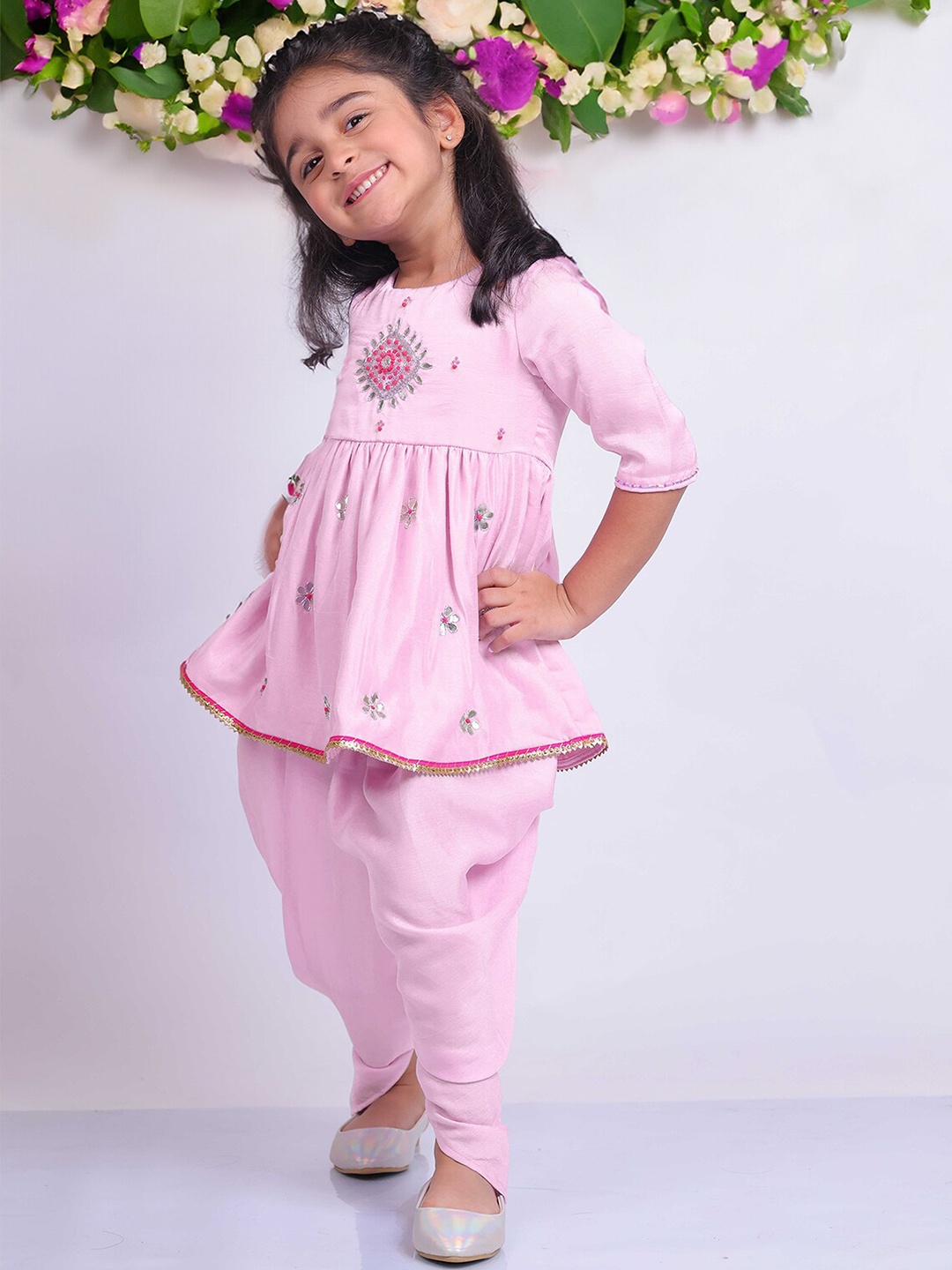 

Little Carrot Girls Floral Embroidered Anarkali Kurti With Dhoti Pants, Pink
