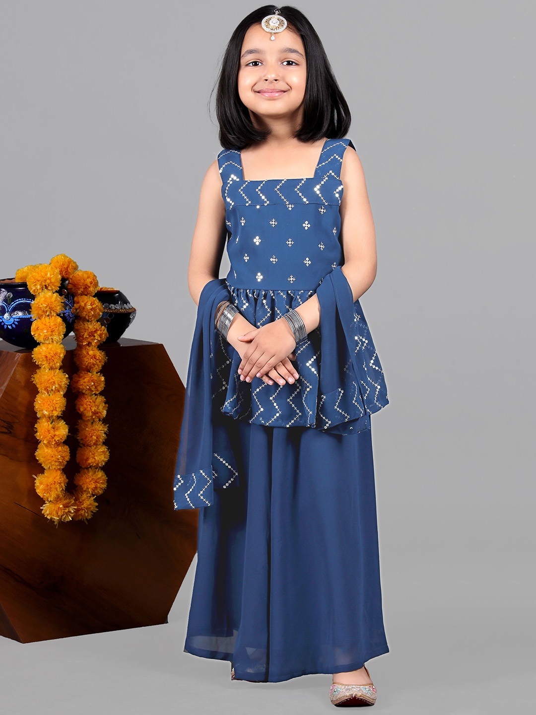 

BAESD Girls Embroidered Empire Sequinned Kurta with Palazzos & Dupatta, Blue
