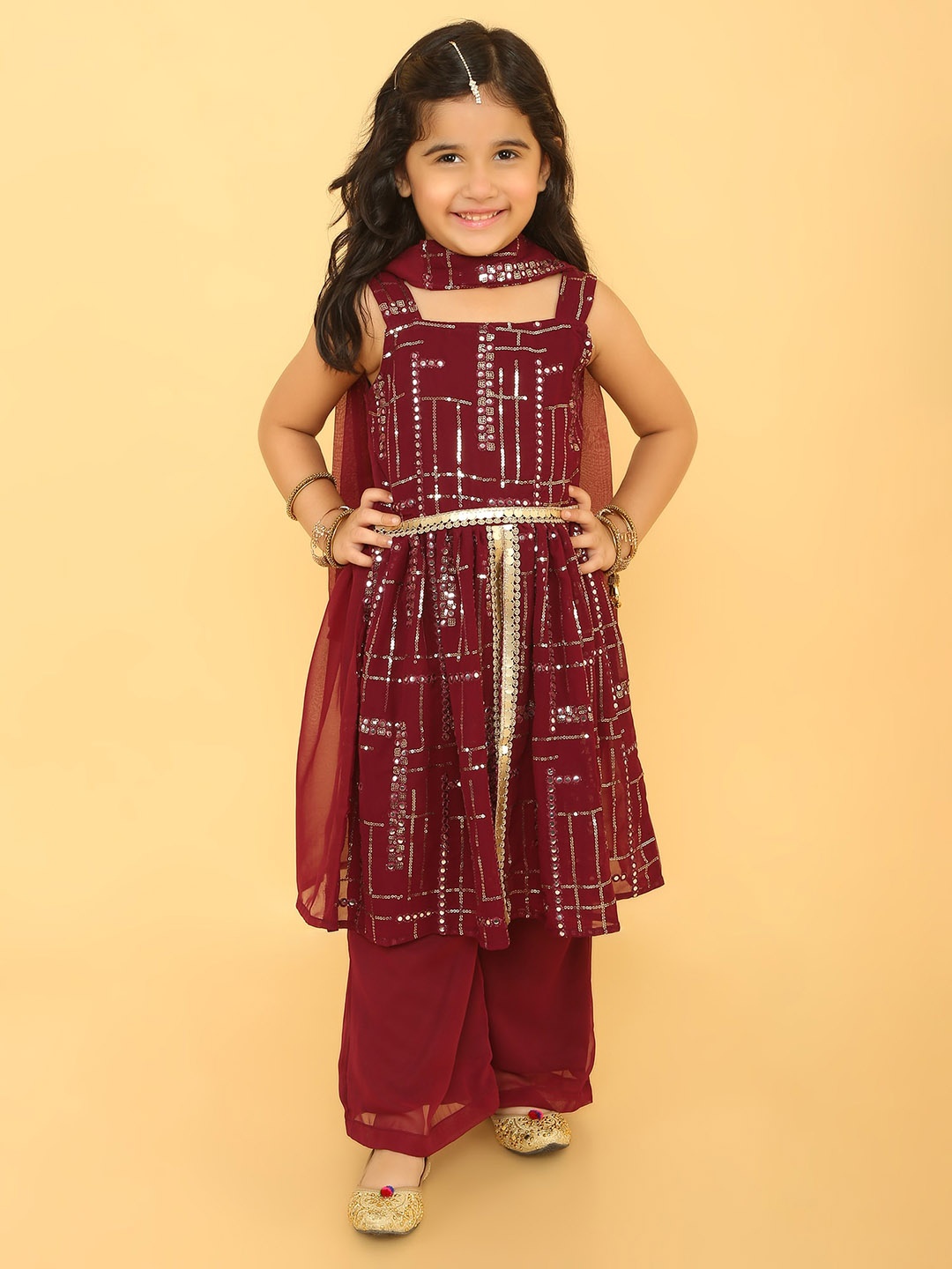 

BAESD Girls Embroidered Empire Mirror Work Kurta With Palazzos & Dupatta, Burgundy