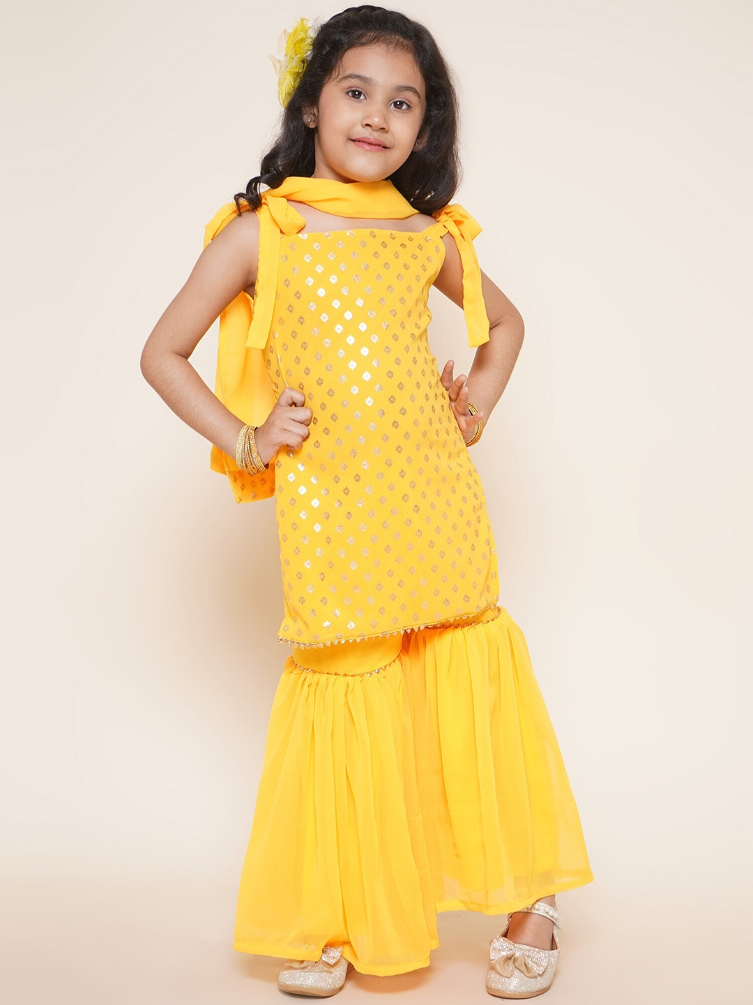 

BAESD Girls Ethnic Motifs Printed Gotta Patti Georgette Kurti With Sharara & Dupatta, Yellow