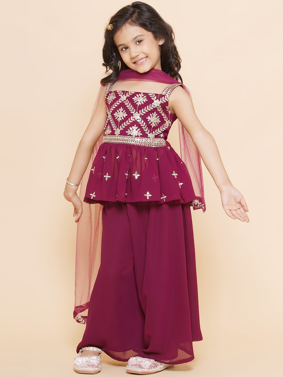 

BAESD Girls Ethnic Motifs Embroidered Mirror Work A-Line Kurti with Palazzos & Dupatta, Burgundy
