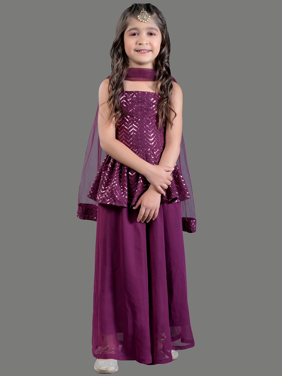 

BAESD Girls Ethnic Motifs Embroidered Mirror Work A-Line Kurti with Palazzos & Dupatta, Burgundy