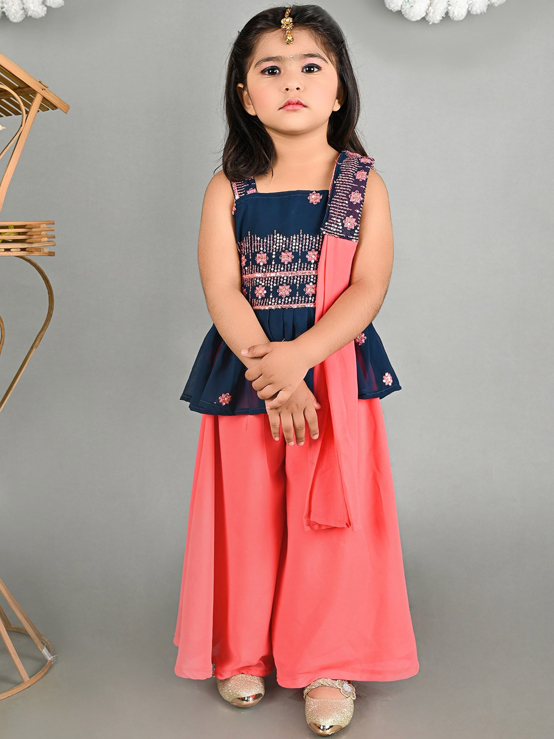 

BAESD Girls Floral Embroidered Sequined A-Line Pleated Kurti With Palazzo & Dupatta, Green