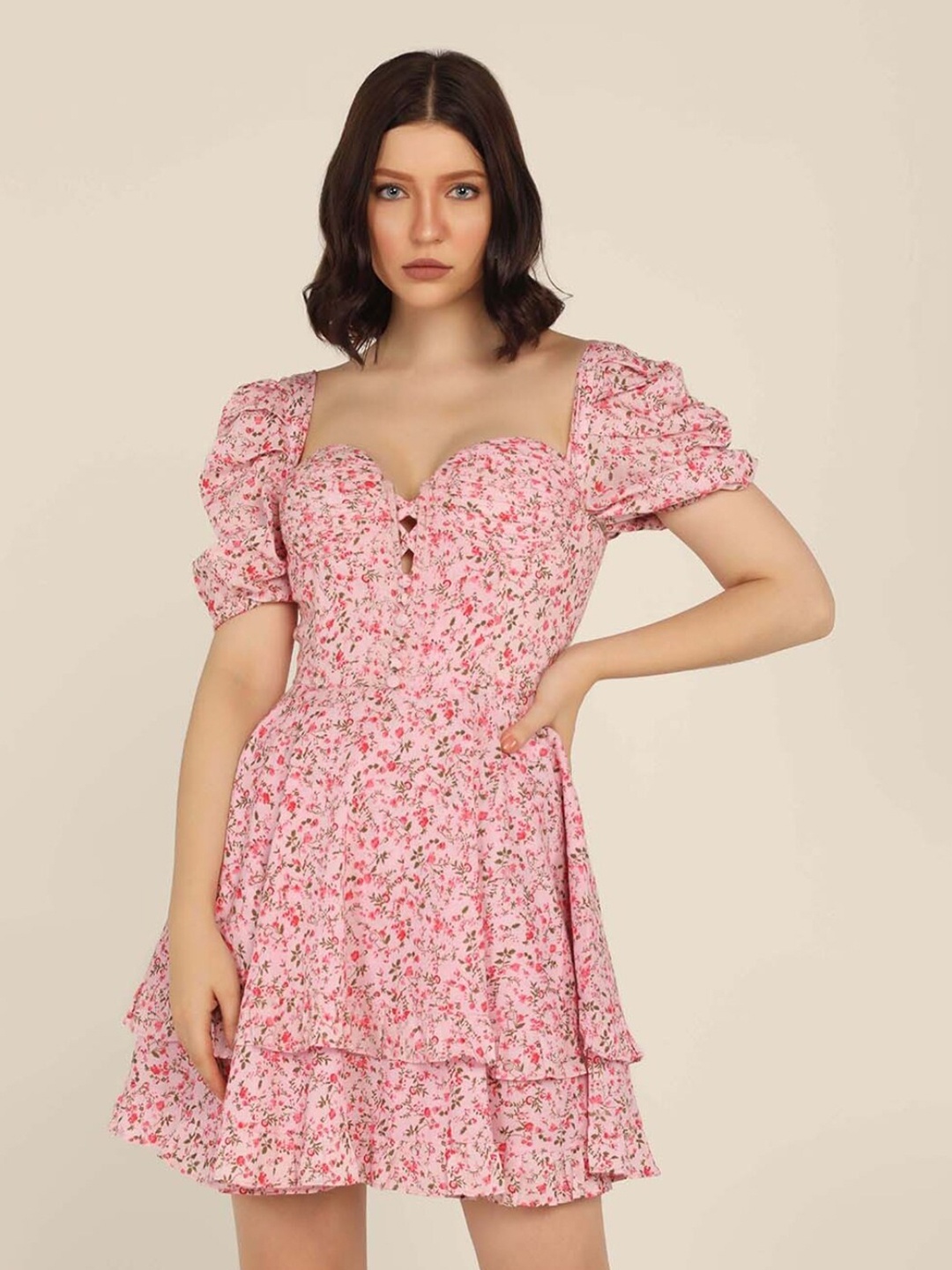 

STARIN Floral Printed Puff Sleeves Layered Cotton Fit & Flare Dress, Pink