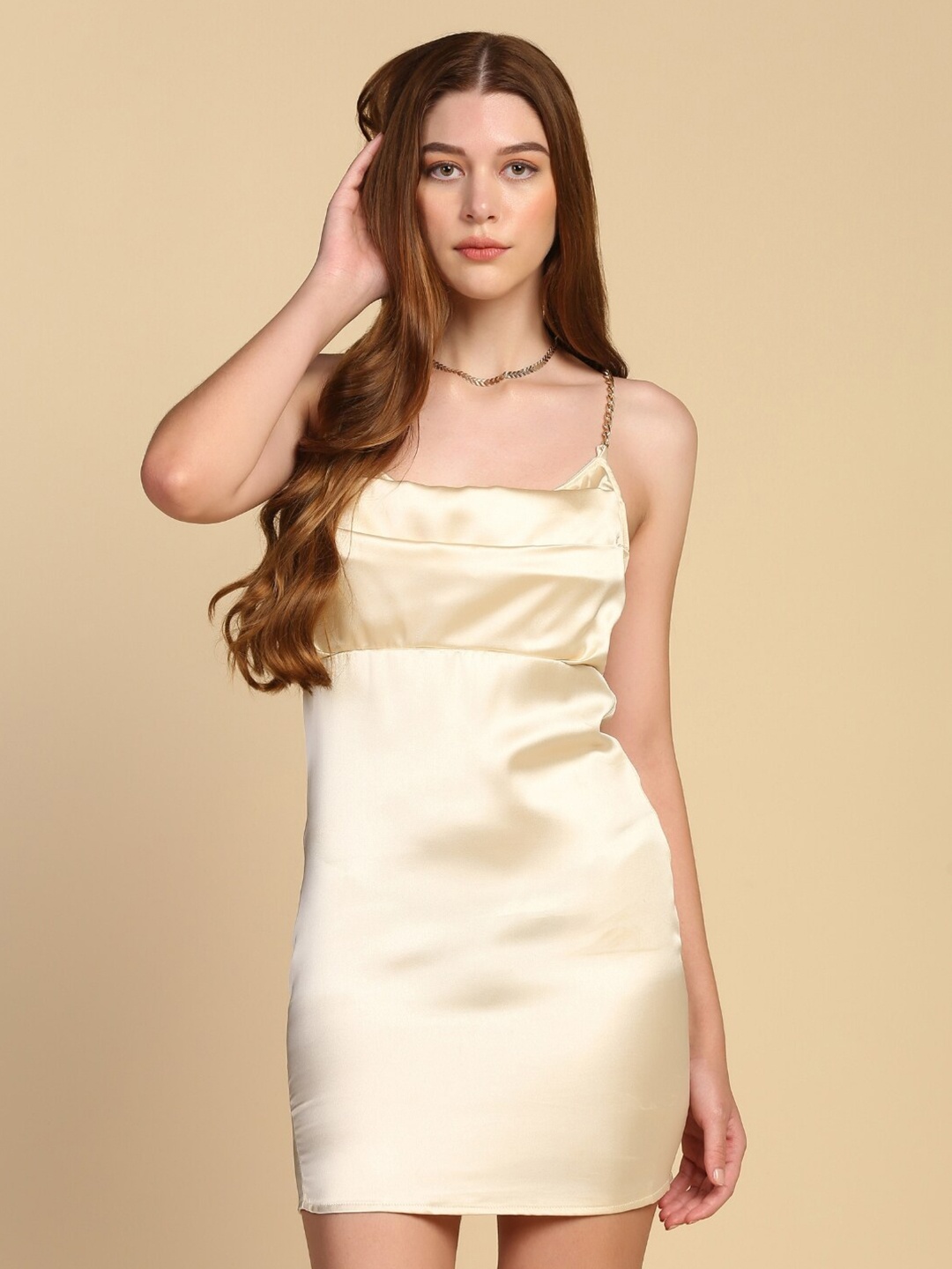 

STARIN Shoulder Straps Satin Bodycon Mini Dress, Cream