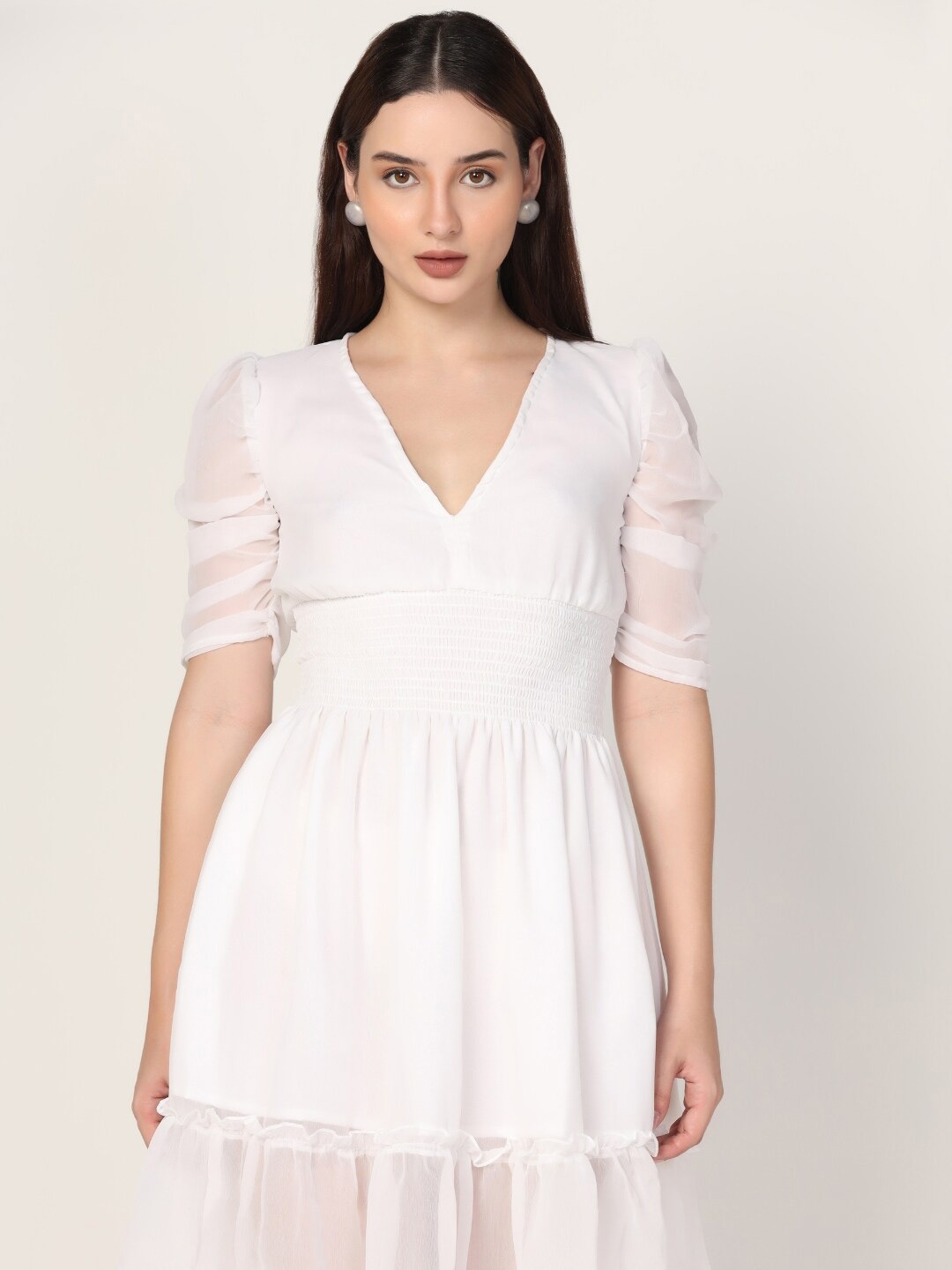 

STARIN V-Neck Georgette A-Line Dress, White