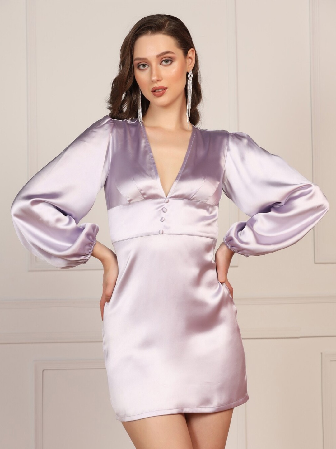 

STARIN V-neck Satin Sheath Mini Dress, Lavender
