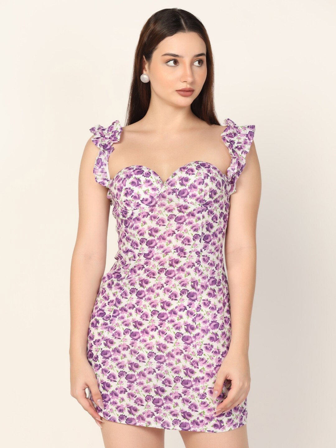 

STARIN Floral Printed Shoulder Straps Ruffles Cotton Sheath Dress, Purple