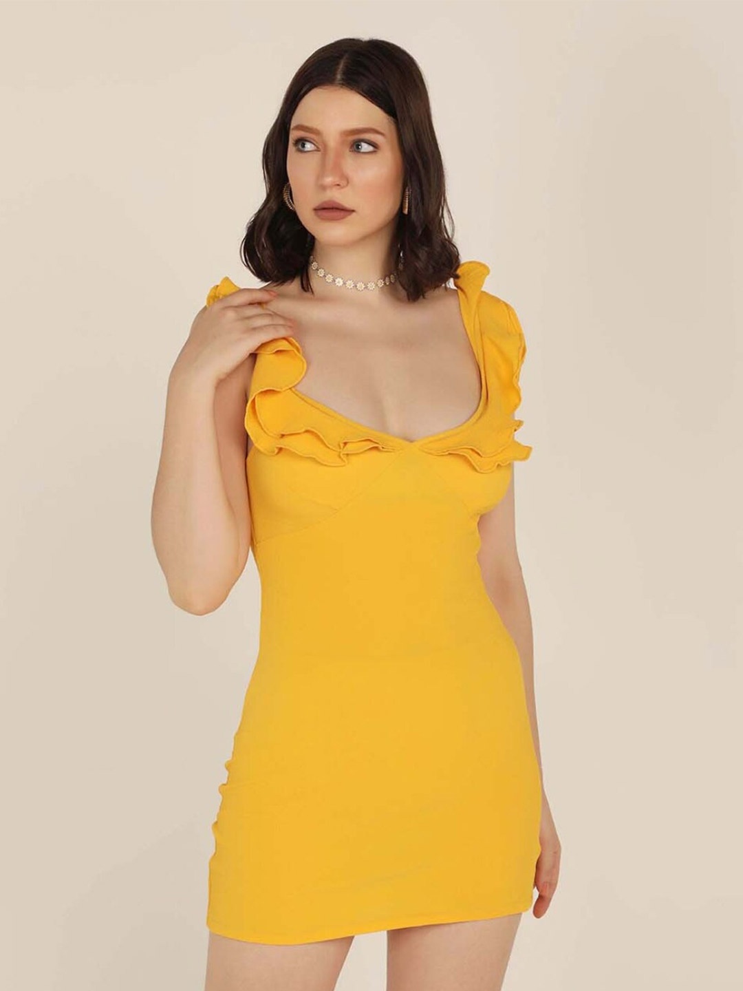 

STARIN V-Neck Ruffled Crepe Bodycon Mini Dress, Yellow