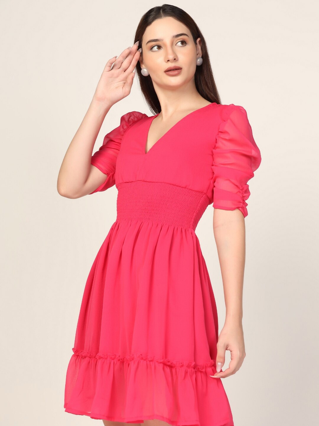 

STARIN Puff Sleeves Gathered Smocked Georgette Fit & Flare Dress, Pink