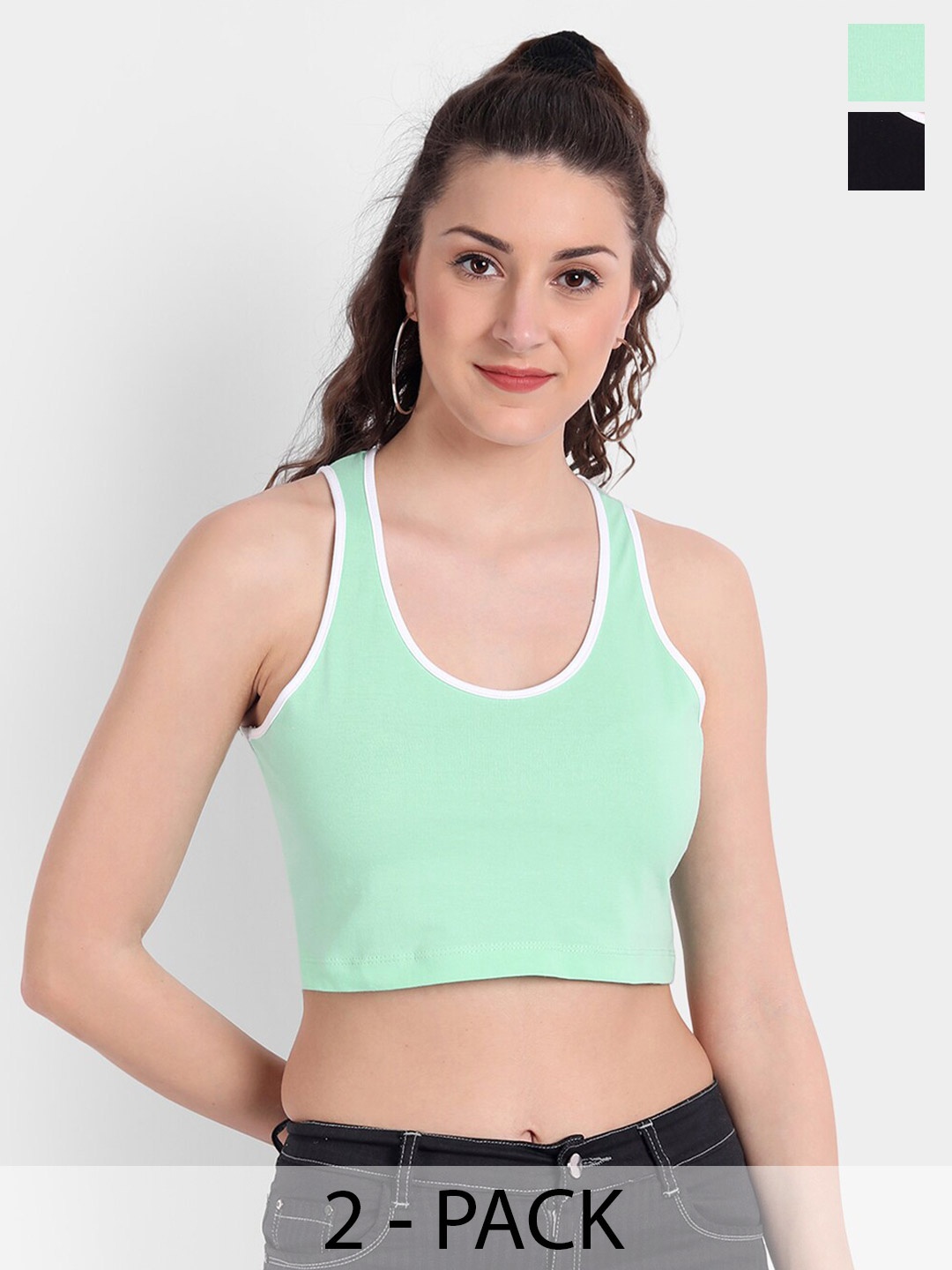 

COLOR CAPITAL Pack Of 2 Scoop Neck Sleeveless Cotton Bralette Crop Top, Green