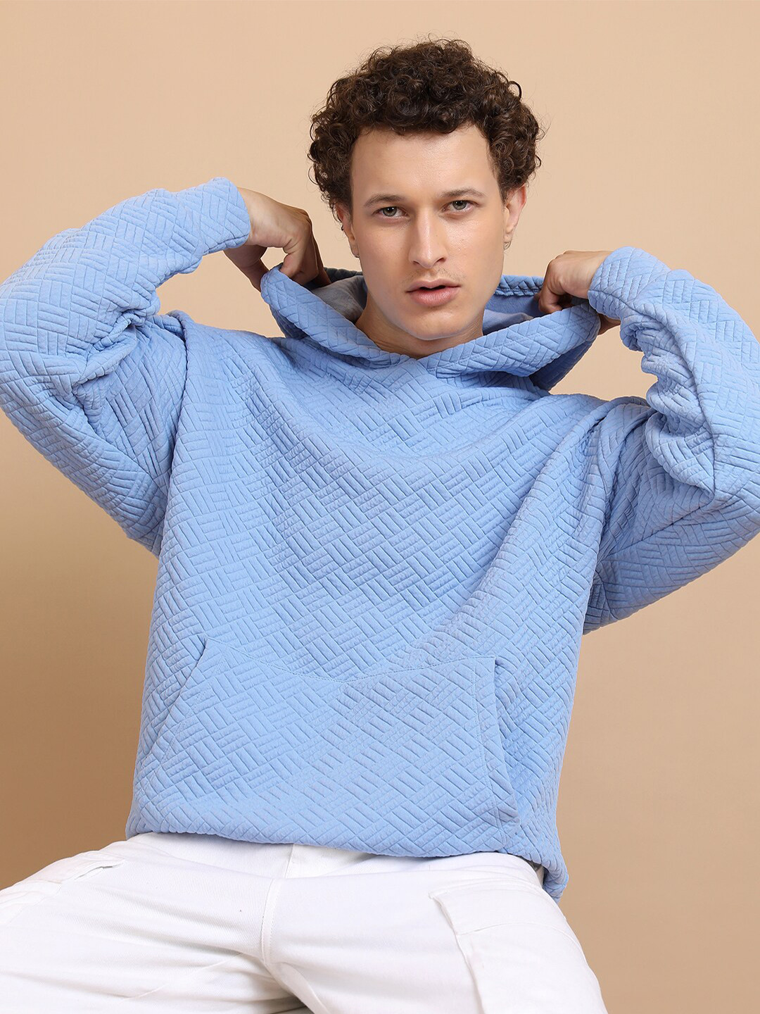 

HIGHLANDER Oversized Drop Shoulder Sleeves Hooded Pullover Textured Sweatshirt, Blue