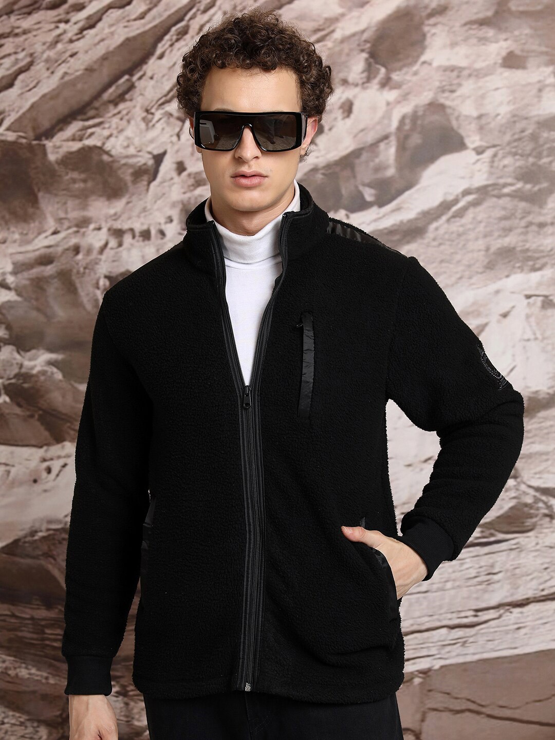 

HIGHLANDER Black Mock Collar Relaxed Fit Front Open Sweatshirt