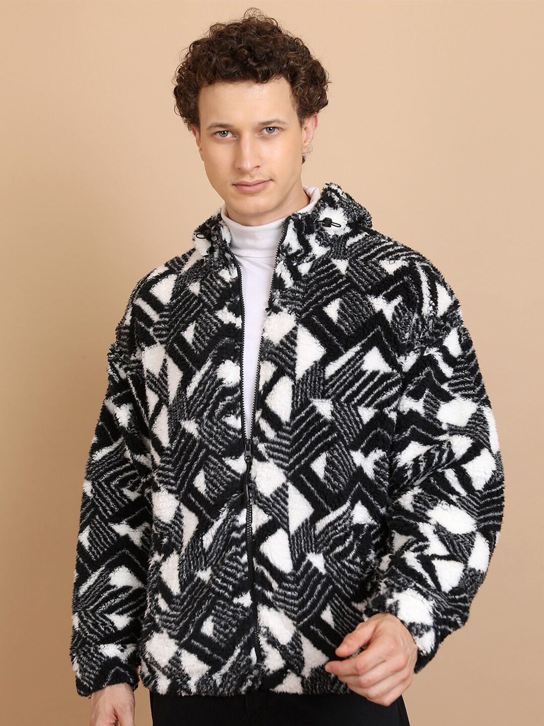 

HIGHLANDER Geometric Printed Hooded Oversized Drop Shoulder Front Open Sweatshirt, Black
